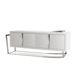 Modern Accent Credenza Sideboard in White Lacquer & Brushed Stainless Steel