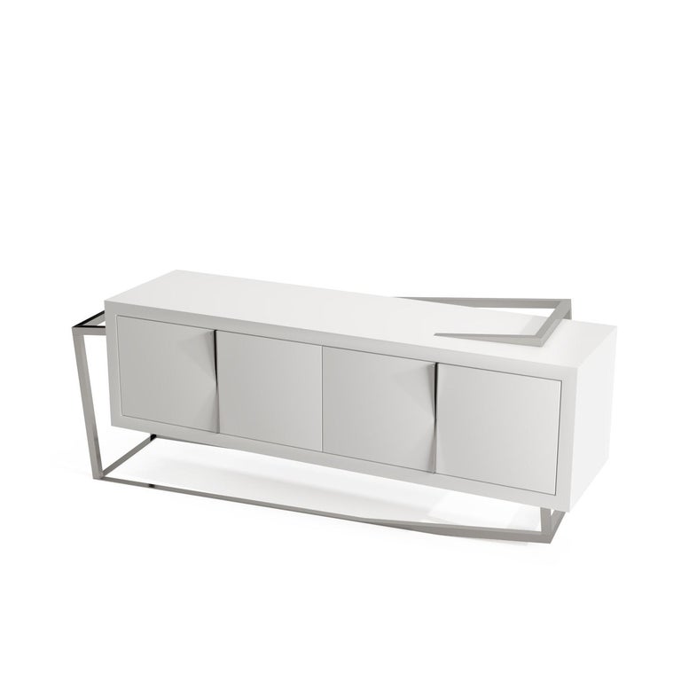 Portuguese 21st Century Modern Credenza Sideboard in White Lacquer and Stainless Steel For Sale