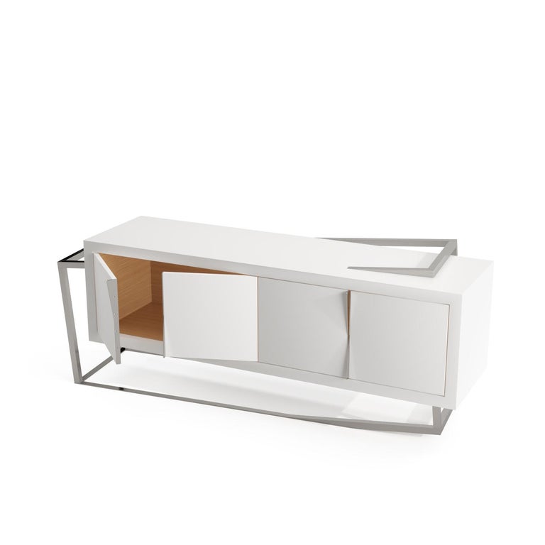 Brushed 21st Century Modern Credenza Sideboard in White Lacquer and Stainless Steel For Sale