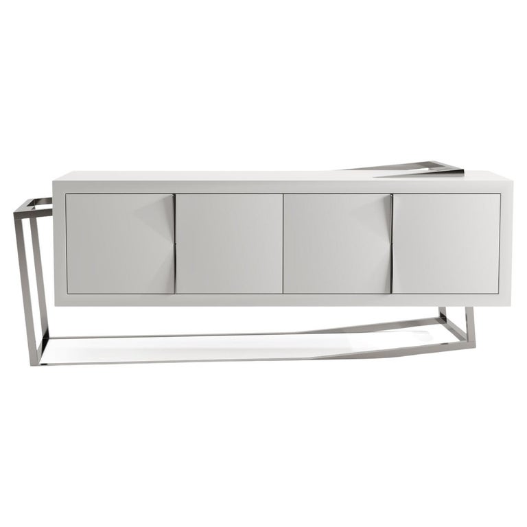 21st Century Modern Credenza Sideboard in White Lacquer and Stainless Steel For Sale