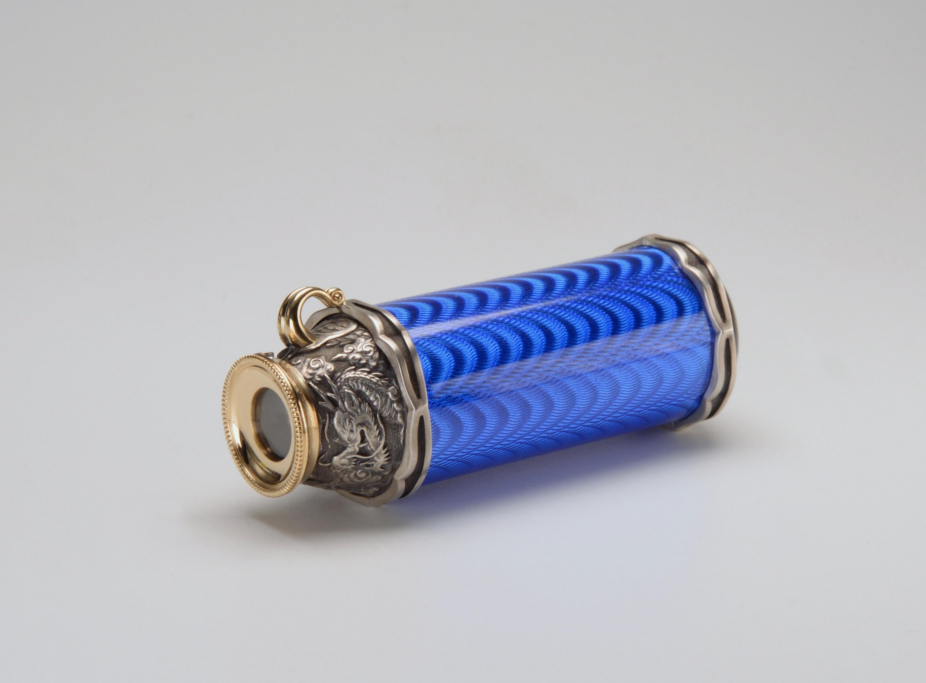 Art Deco Award Winning Design Blue Guilloché Enamel Kaleidoscope Pendant in Gold & Silver For Sale