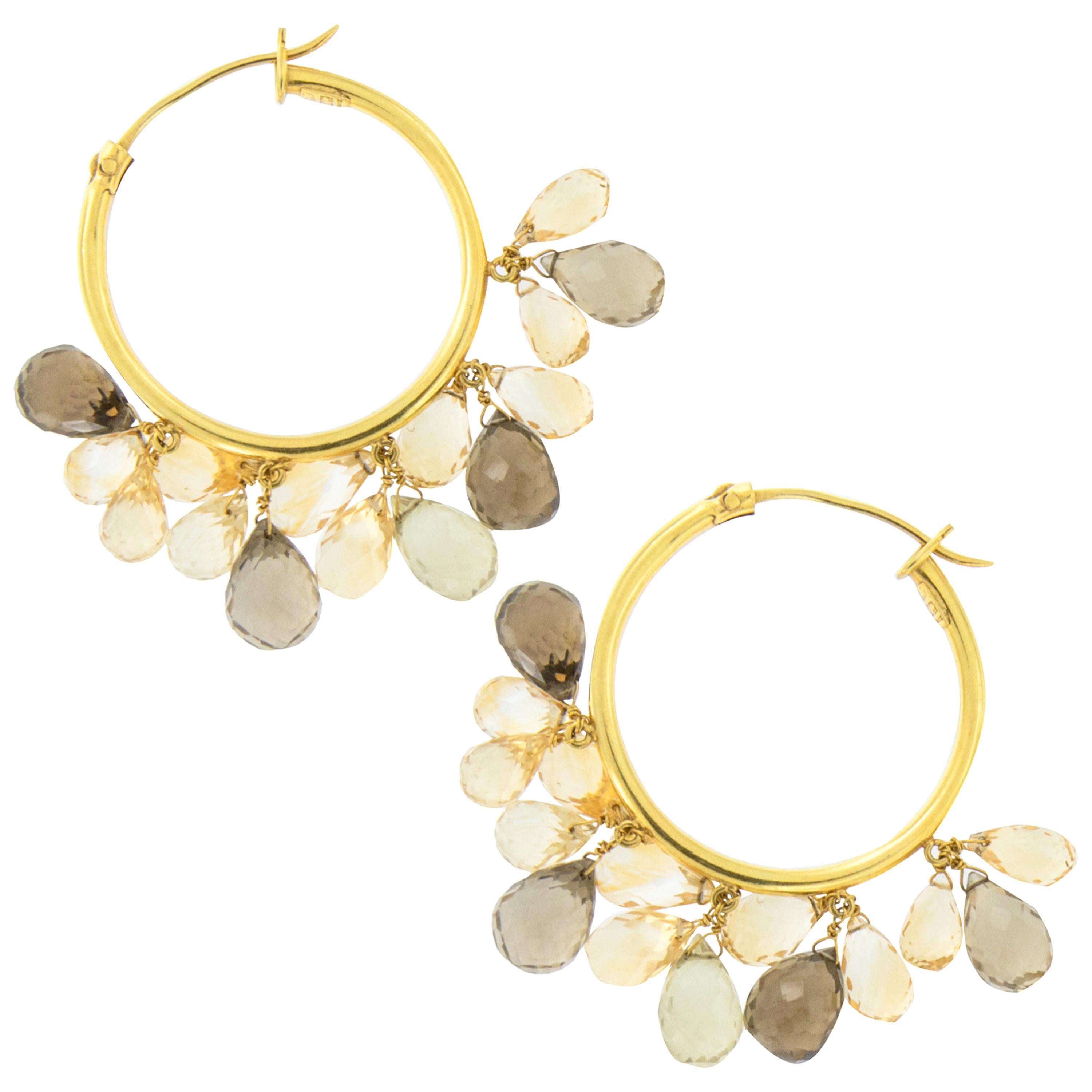 Award Winning Designer Susan Hoge 18k Gold Lemon and Smoky Quartz Hoop Earrings