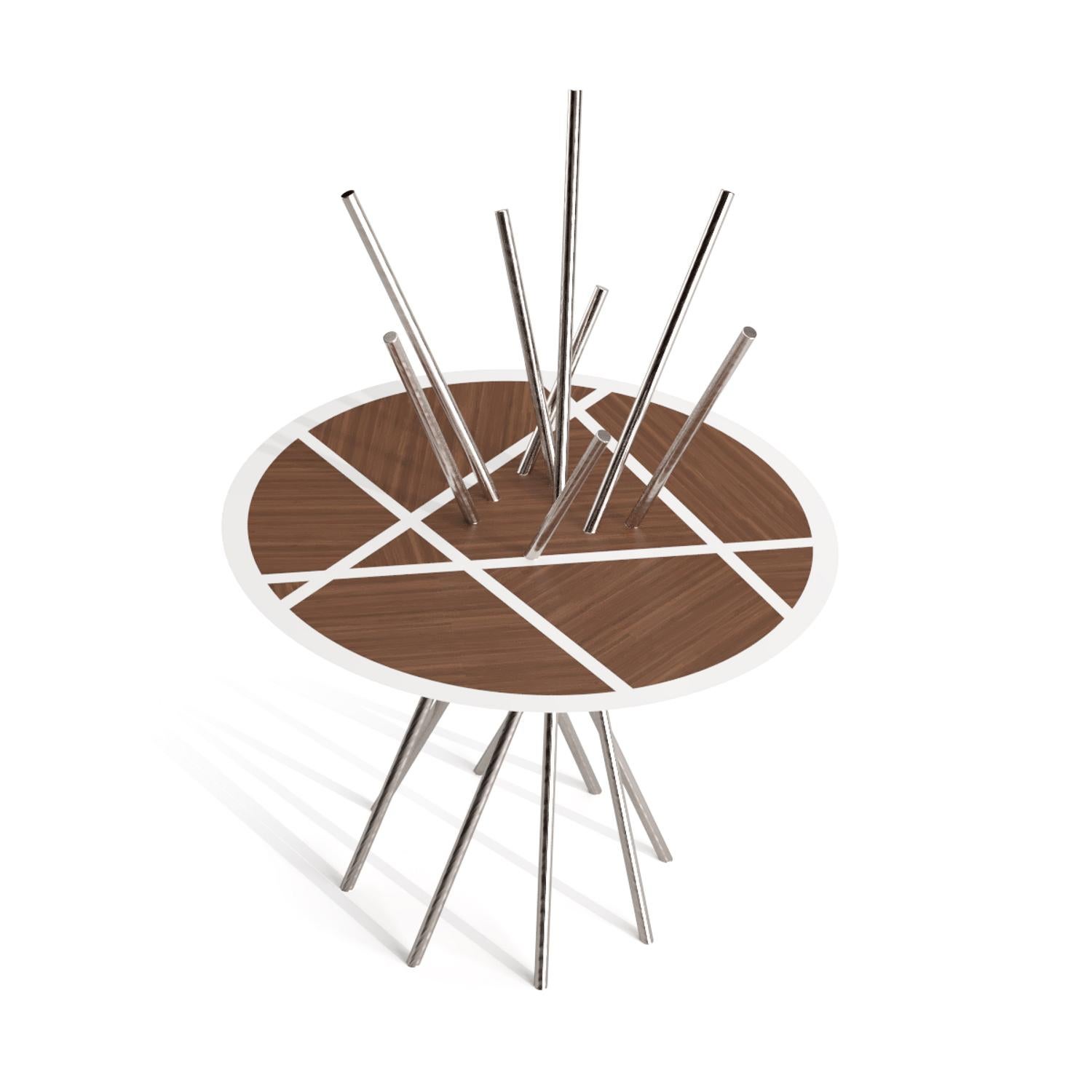 Moderner runder Sockeltisch aus Nussbaumholz und weißem Lack, gebürstetem Edelstahl im Zustand „Neu“ im Angebot in Vila Nova Famalicão, PT