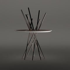 The Modernity Round Pedestal Table Walnut Wood White Lacquer Brushed Stainless Steel (en anglais)