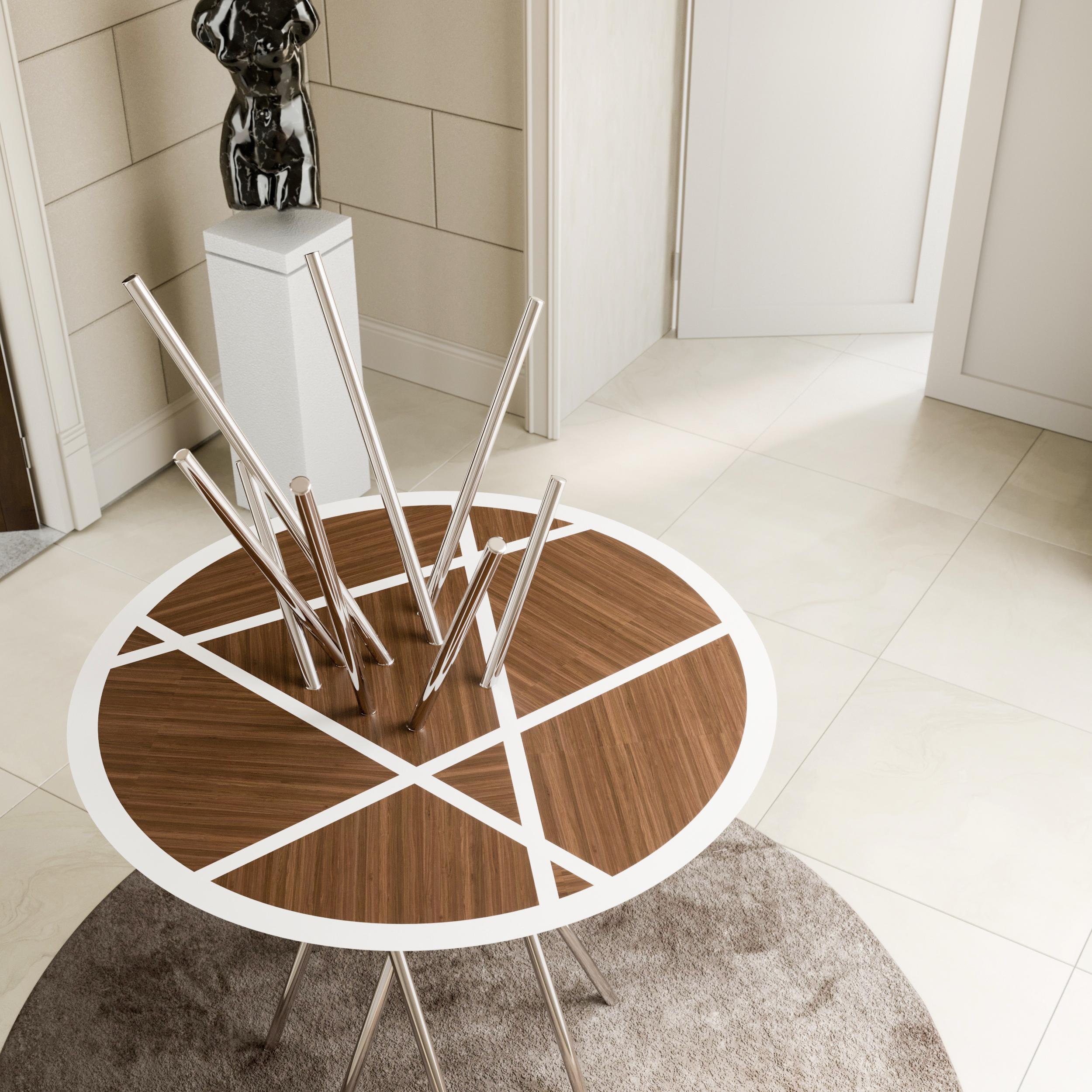 Acier inoxydable The Modernity Round Pedestal Table Walnut Wood White Lacquer Brushed Stainless Steel (en anglais) en vente