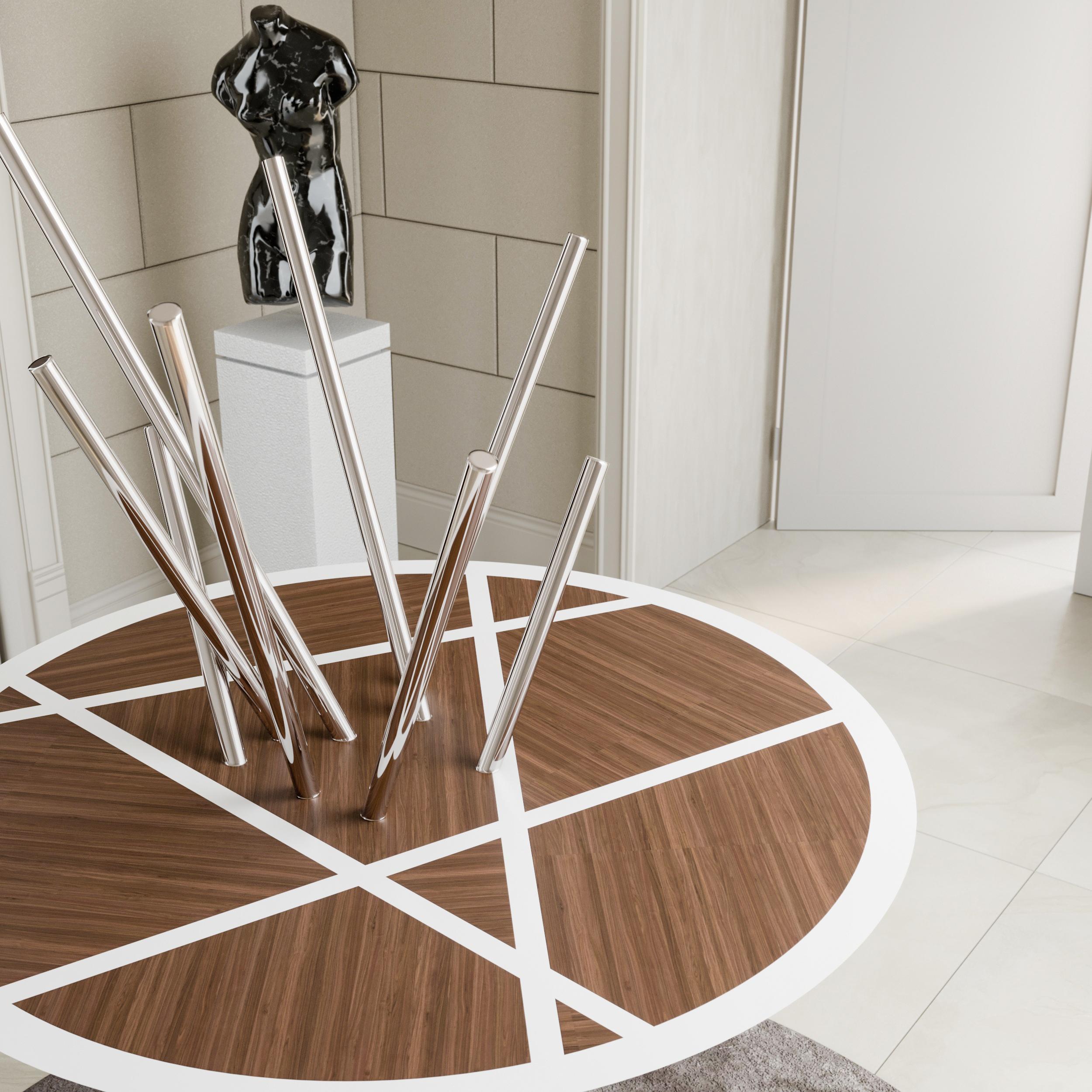 The Modernity Round Pedestal Table Walnut Wood White Lacquer Brushed Stainless Steel (en anglais) en vente 1