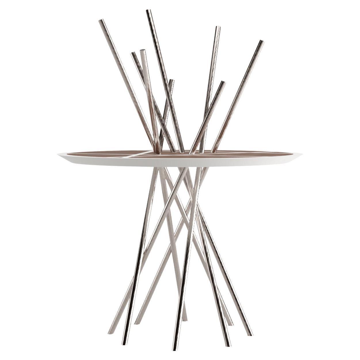 Portugais The Modernity Round Pedestal Table Walnut Wood White Lacquer Brushed Stainless Steel (en anglais) en vente