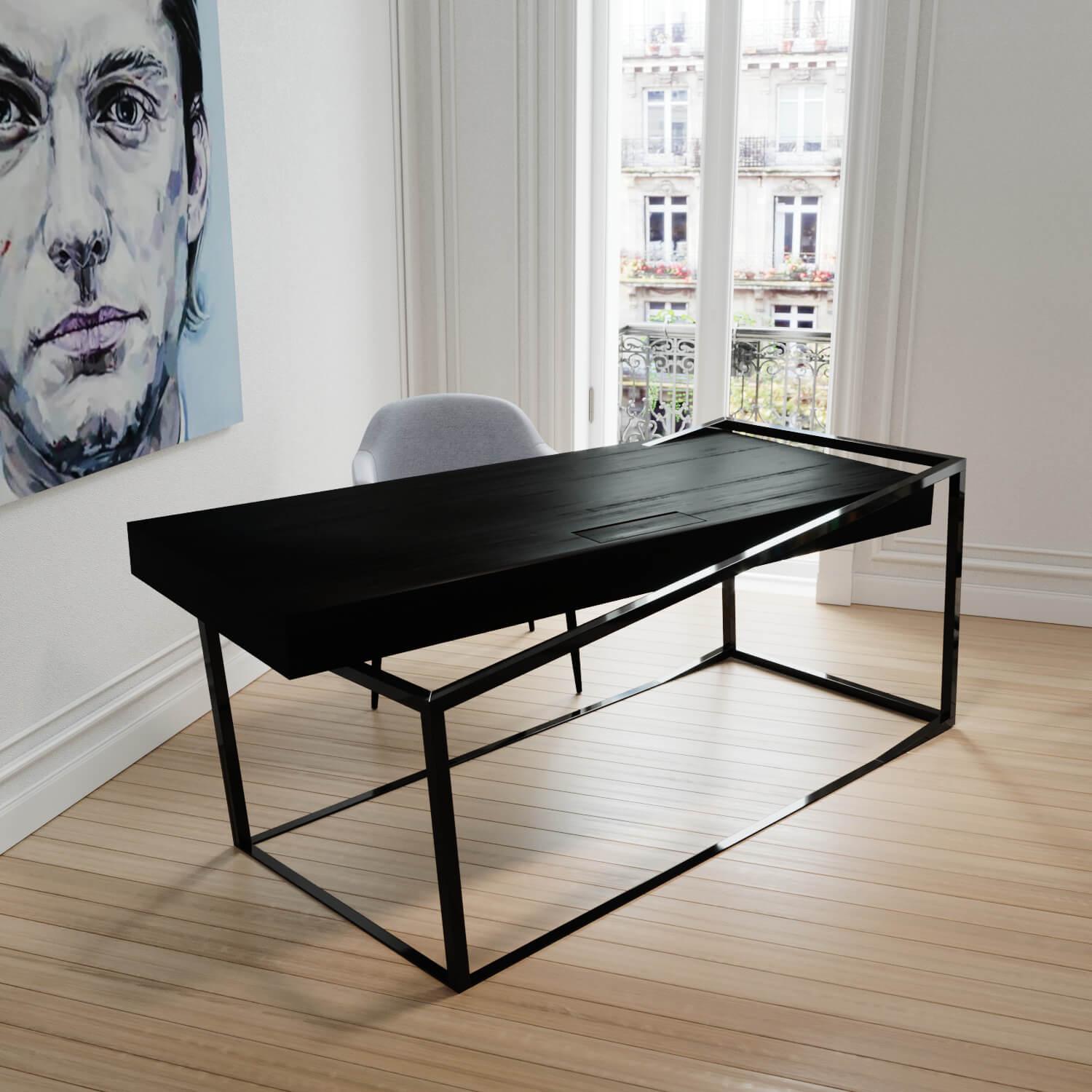 Moderne Modernity Home Office Writing Executive Desk Black Oak Wood Black Lacquered Steel en vente