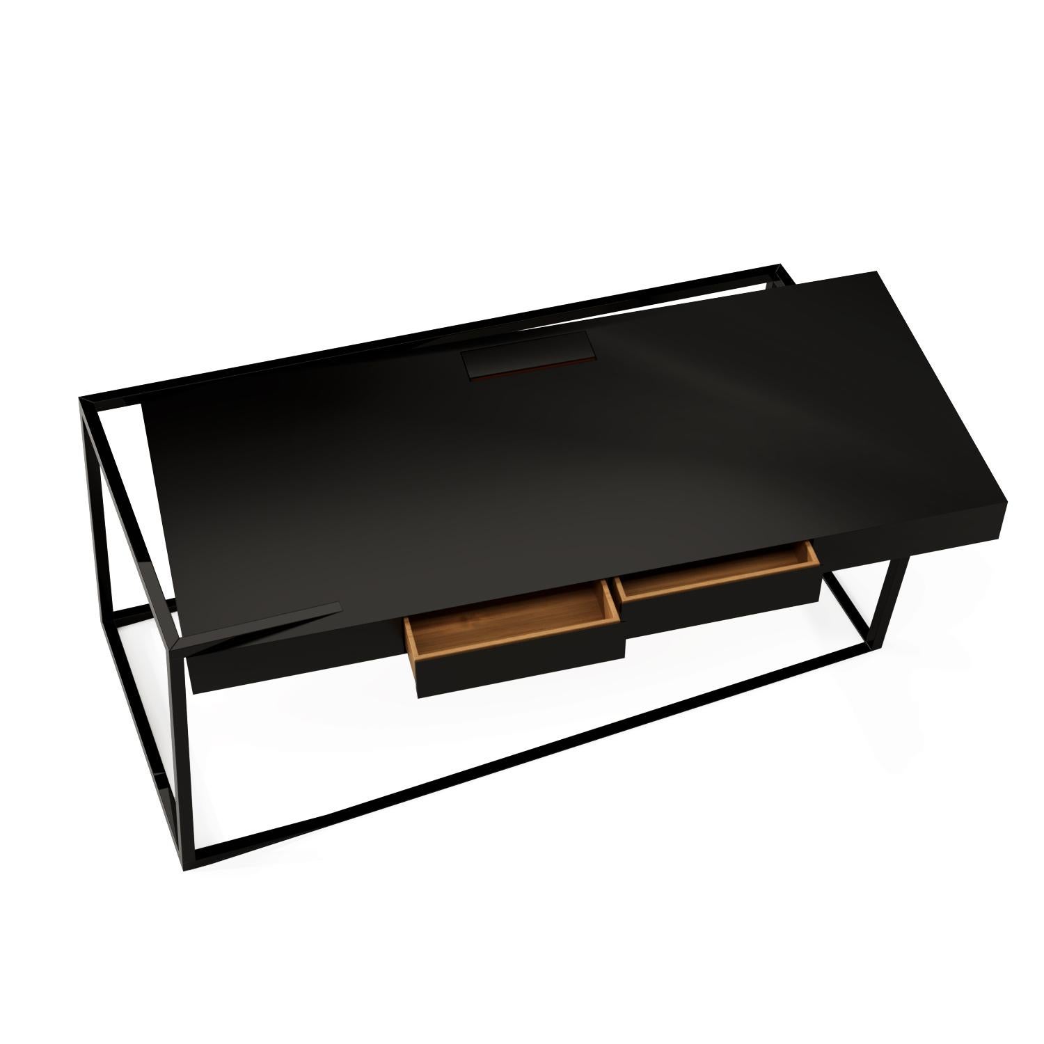 Modern Home Office Writing Executive Desk Black Oak Wood Black Lacquered Steel For Sale 3