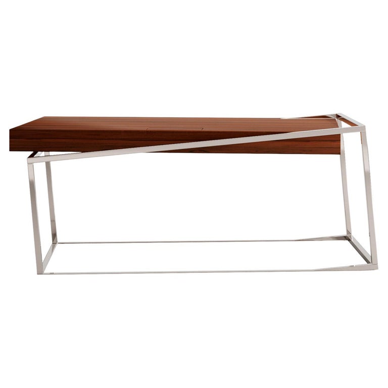 21st Century Modern Writing Executive Desk Tineo Wood Brushed Stainless Steel For Sale