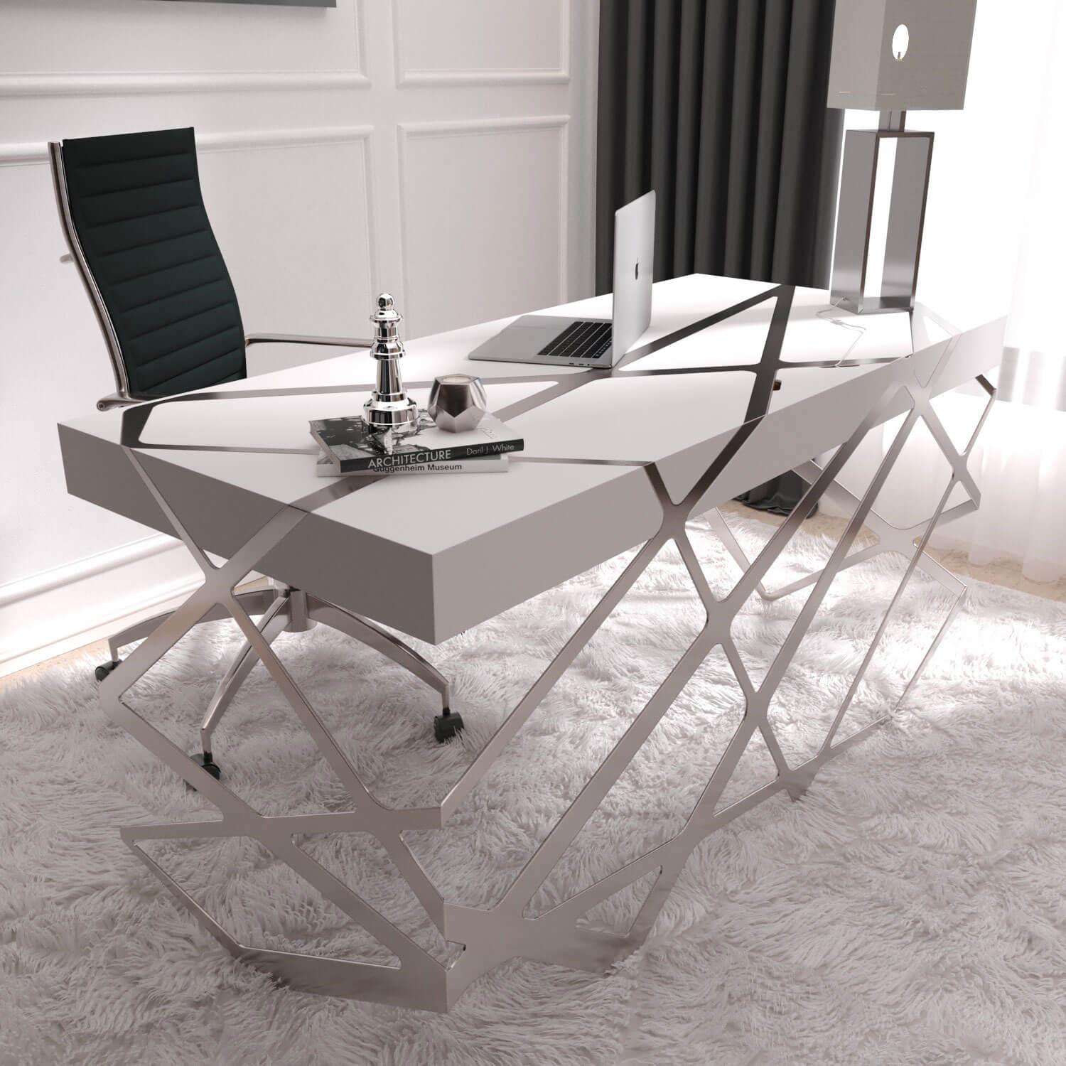 Organic Modern Home Office Writing Desk White Lacquer Brushed Stainless Steel For Sale 7