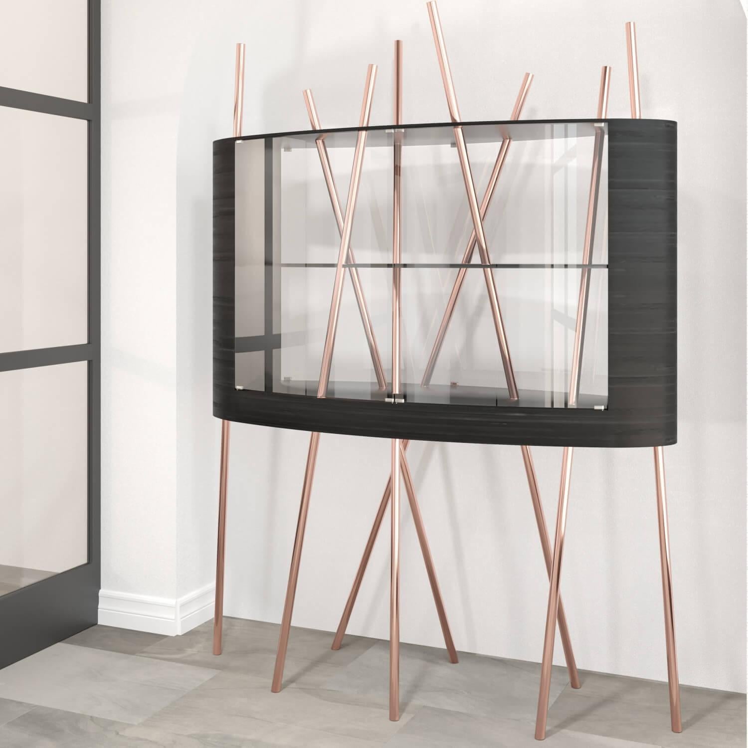 Vitrine Display Case in Black Oak Wood, Black Lacquered Wood and Brushed Copper For Sale 2