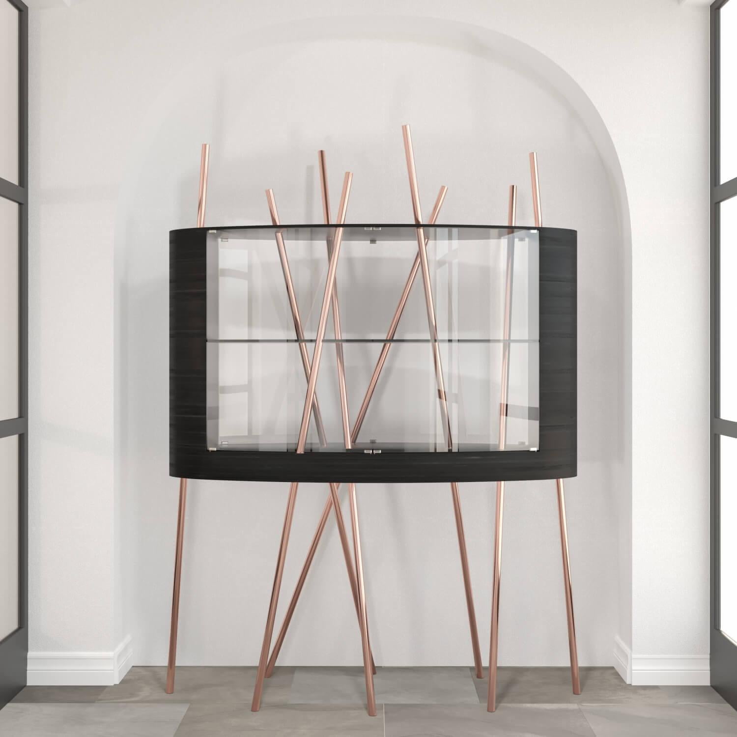 Vitrine Display Case in Black Oak Wood, Black Lacquered Wood and Brushed Copper For Sale 1
