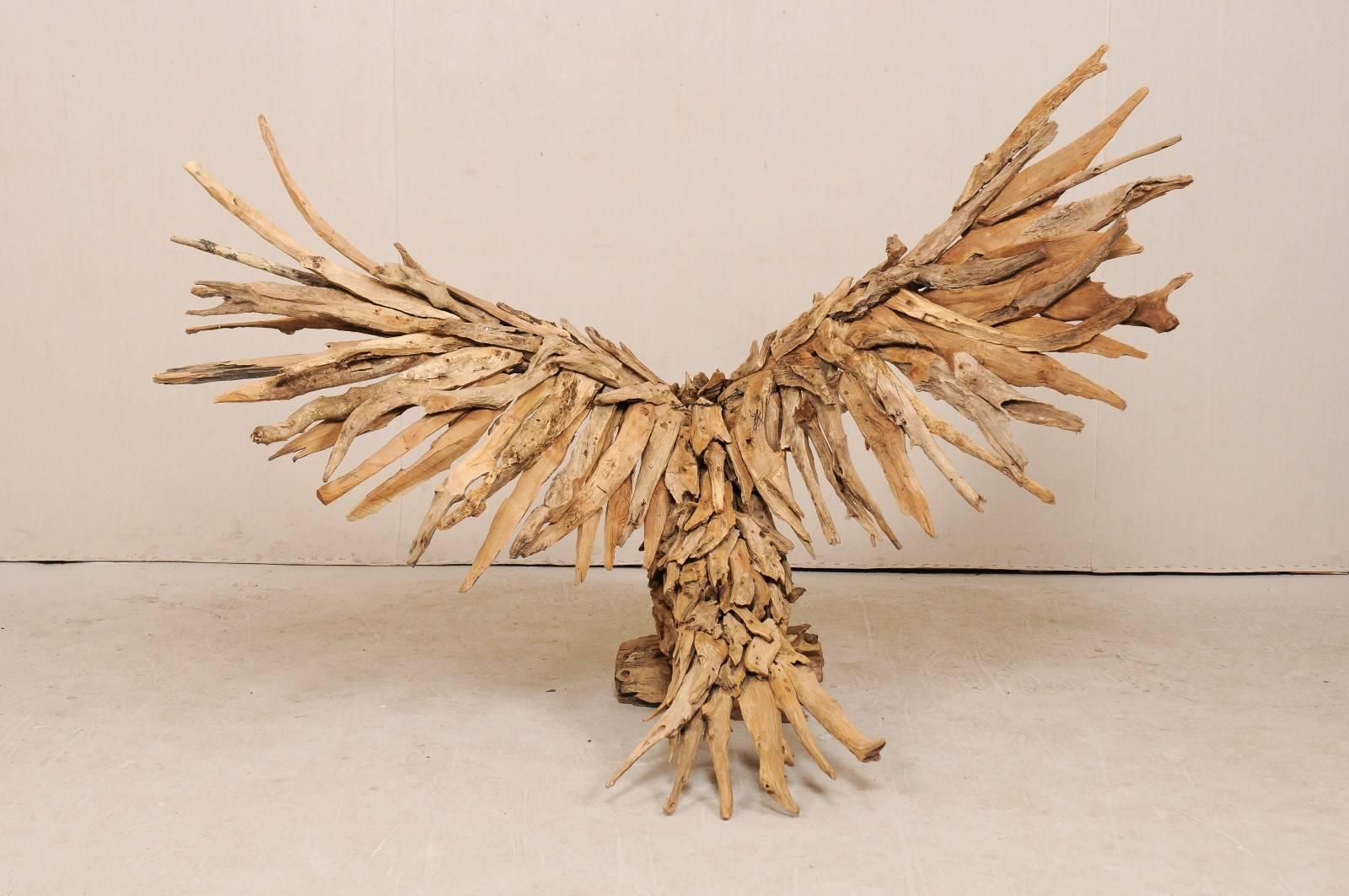 Wood  Eagle Sculpture Artisan-Crafted from Driftwood, 4.5 Ft Tall w/ 6+ Ft Wing-Span For Sale