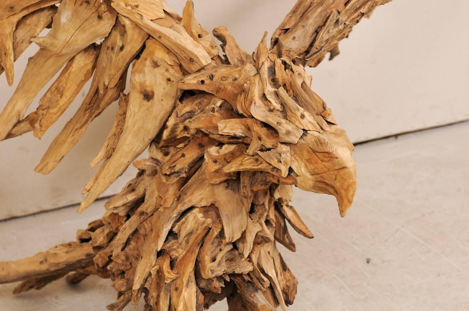 Asian  Eagle Sculpture Artisan-Crafted from Driftwood, 4.5 Ft Tall w/ 6+ Ft Wing-Span For Sale