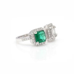 Awe-Inspiring Toi et Moi Square Emerald Diamond Ring in 18K White Gold