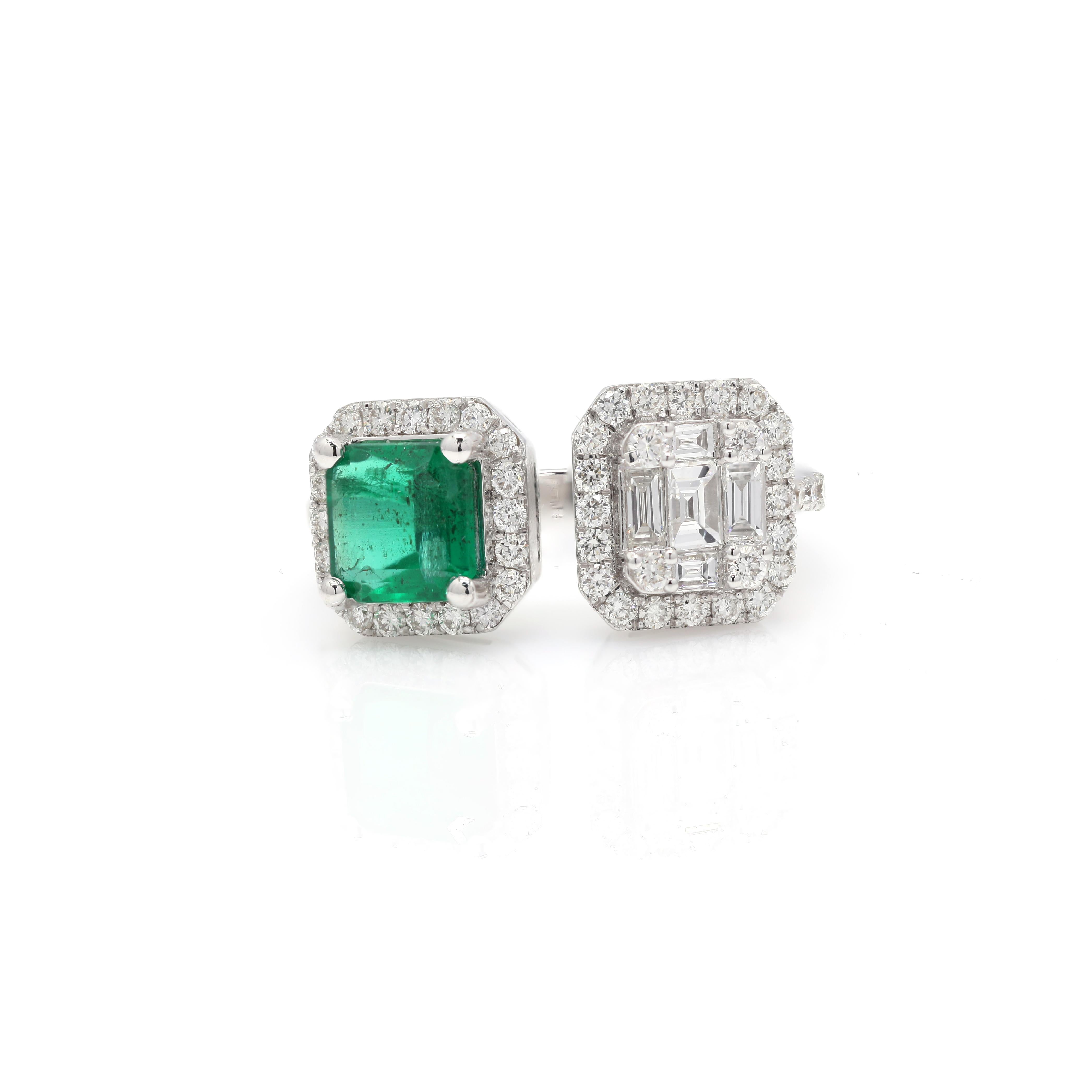 For Sale:  Awe-Inspiring Toi et Moi Square Emerald Diamond Ring in 18K White Gold 3