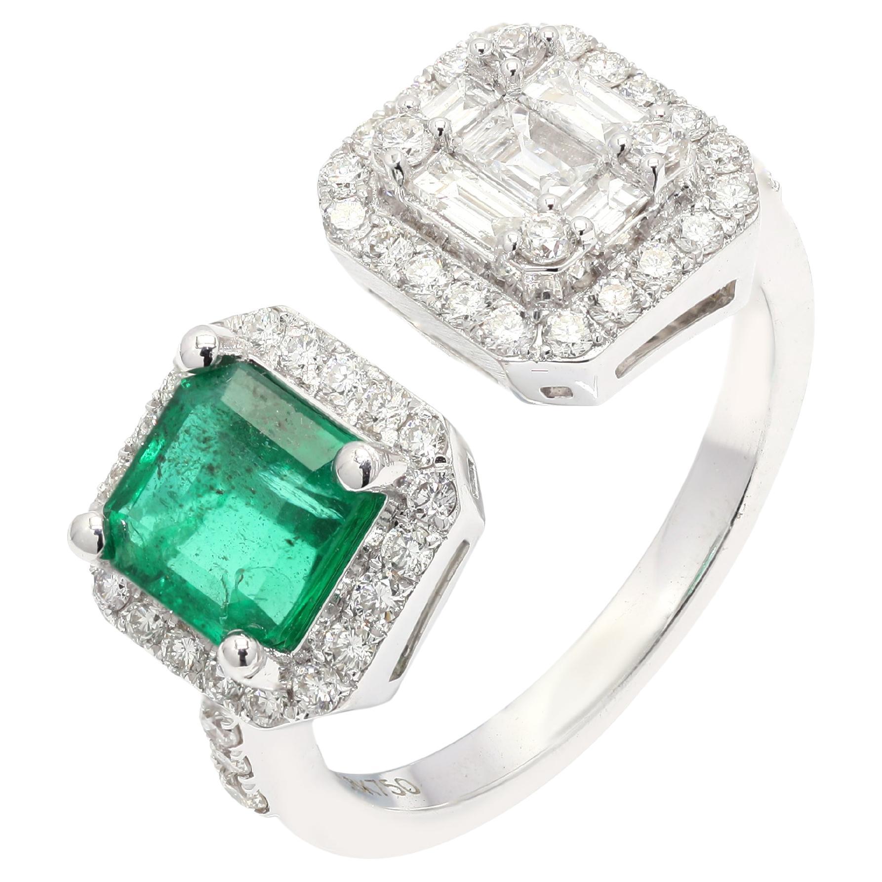 Awe-Inspiring Toi et Moi Square Emerald Diamond Ring in 18K White Gold