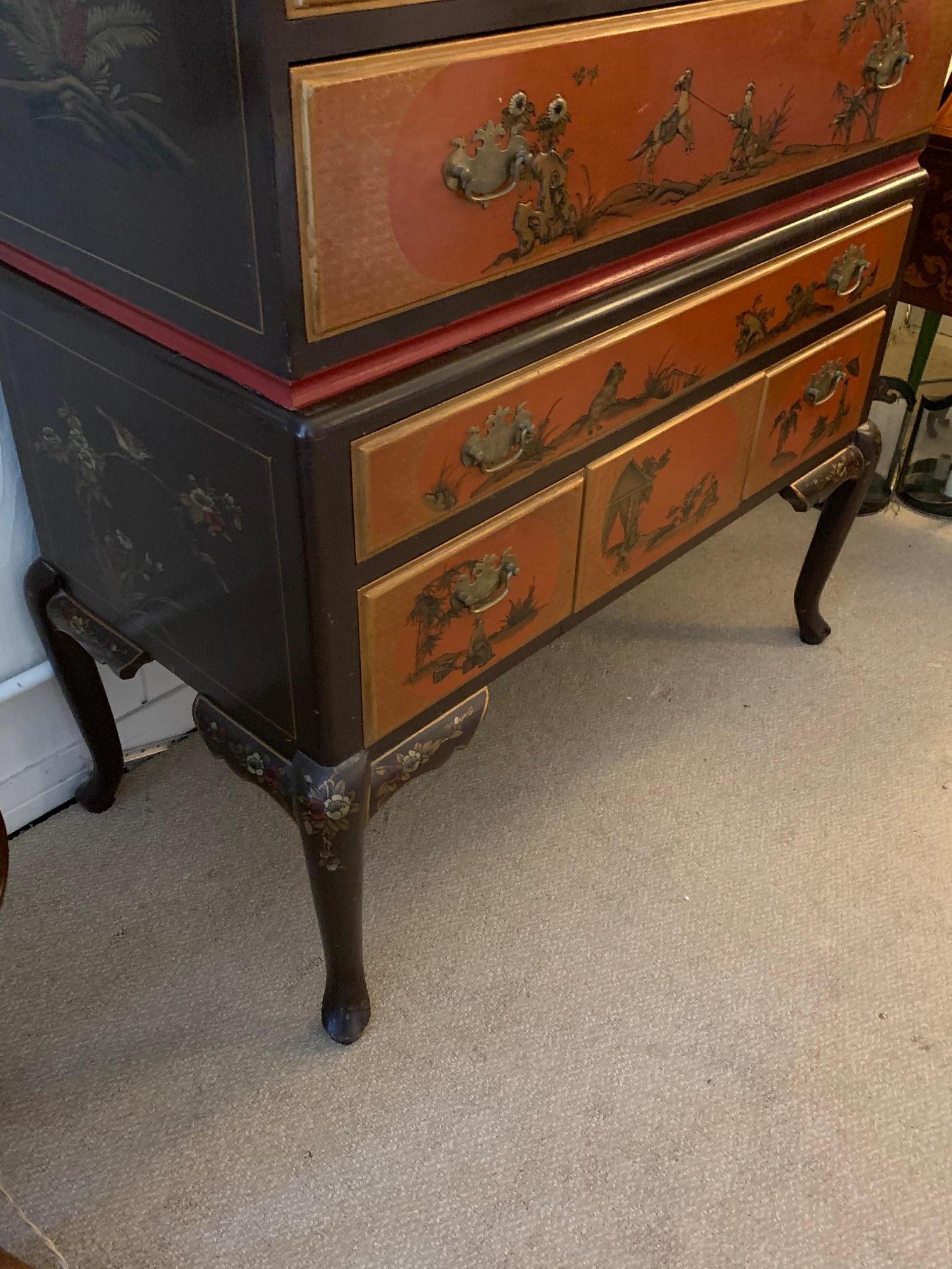 Wood  Vintage Hermes Orange & Brown Chinoiserie Highboy Chest of Drawers For Sale