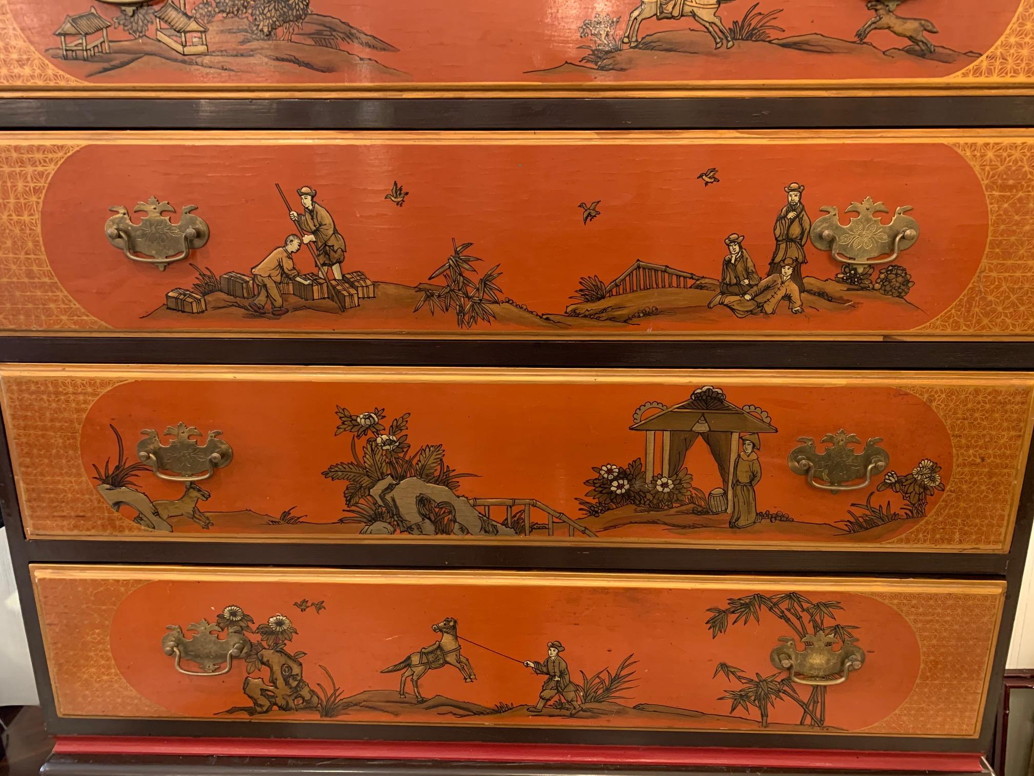  Vintage Hermes Orange & Brown Chinoiserie Highboy Chest of Drawers For Sale 2