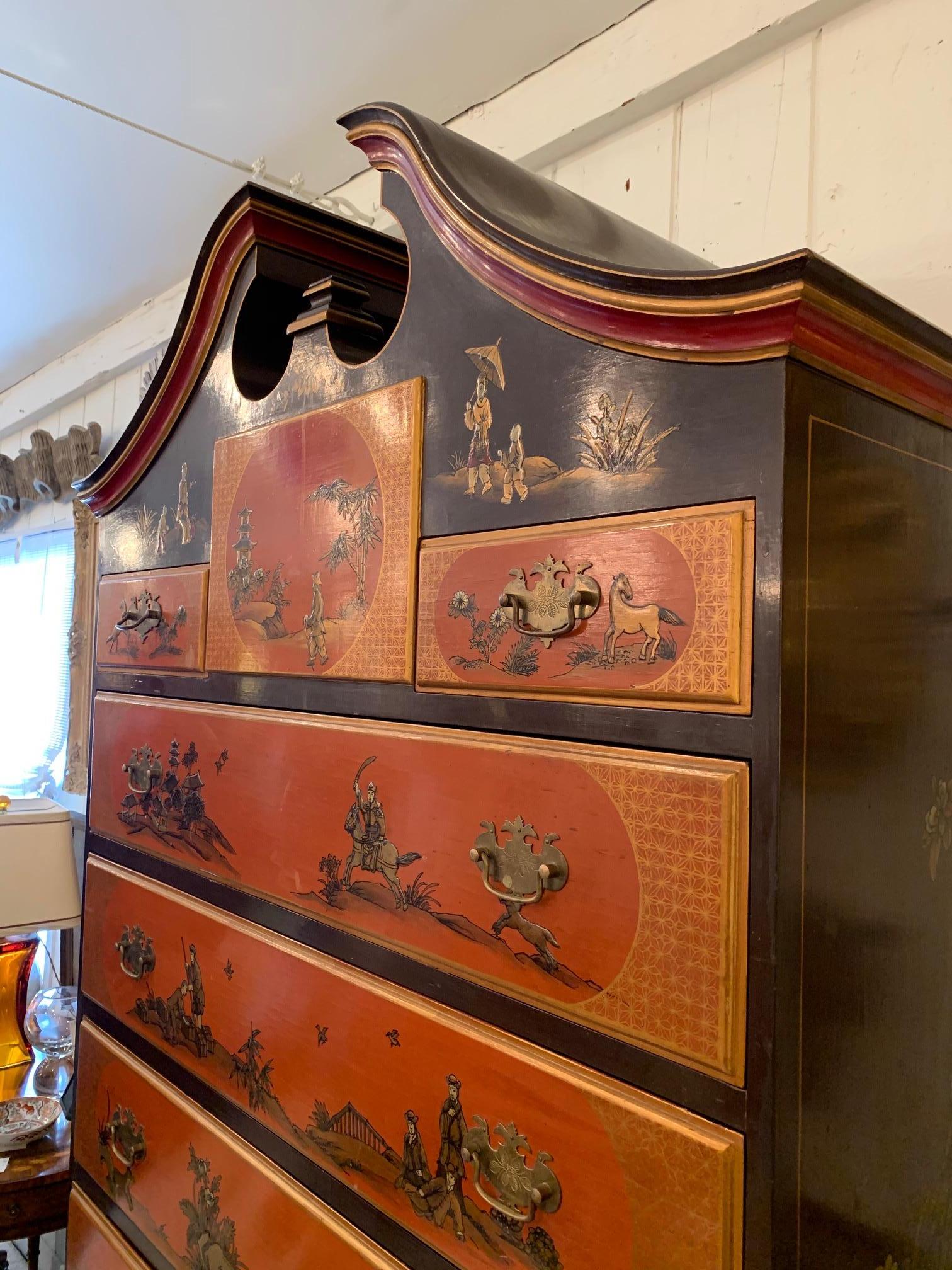  Vintage Hermes Orange & Brown Chinoiserie Highboy Chest of Drawers For Sale 6