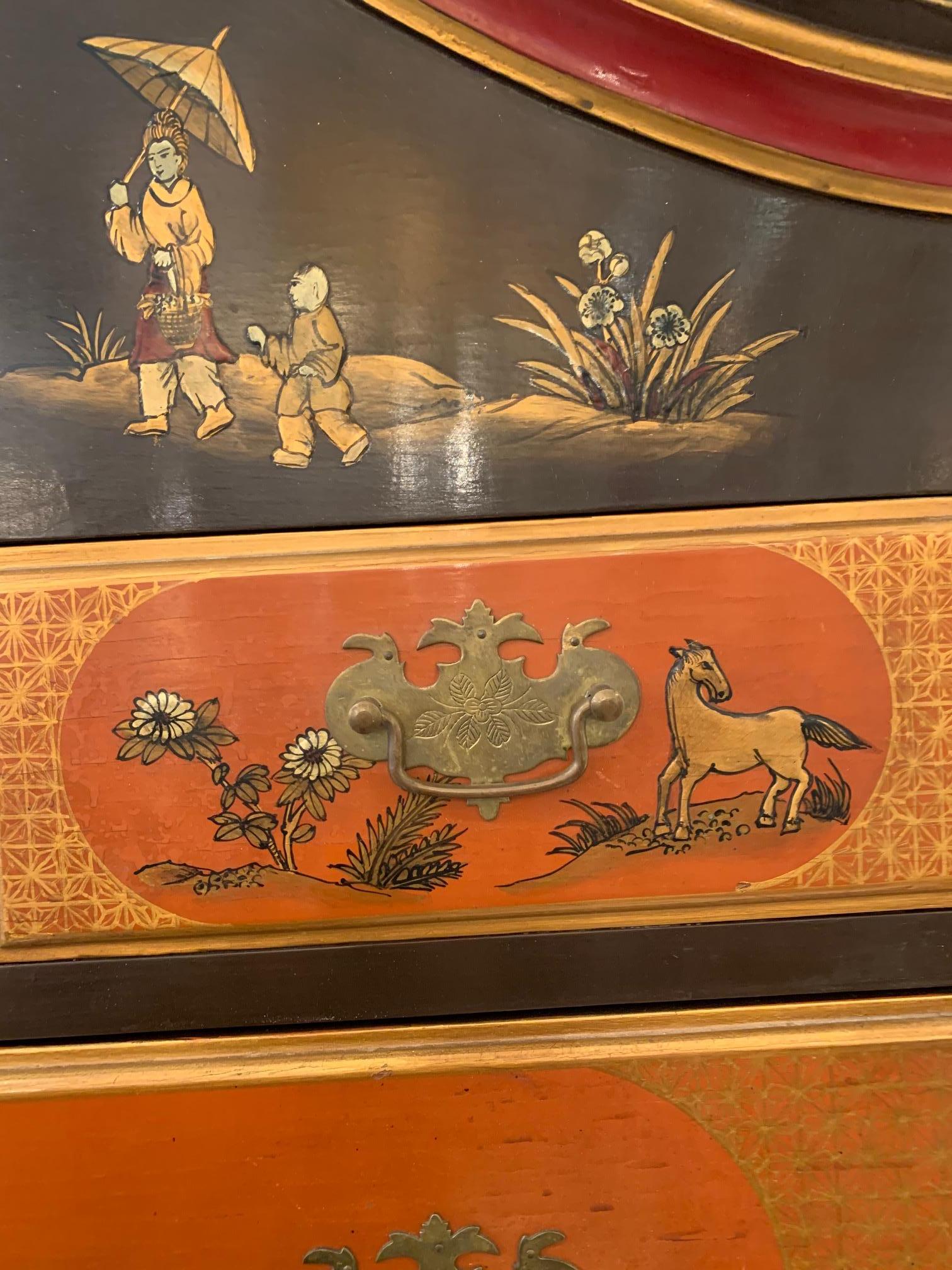 Hand-Painted  Vintage Hermes Orange & Brown Chinoiserie Highboy Chest of Drawers For Sale