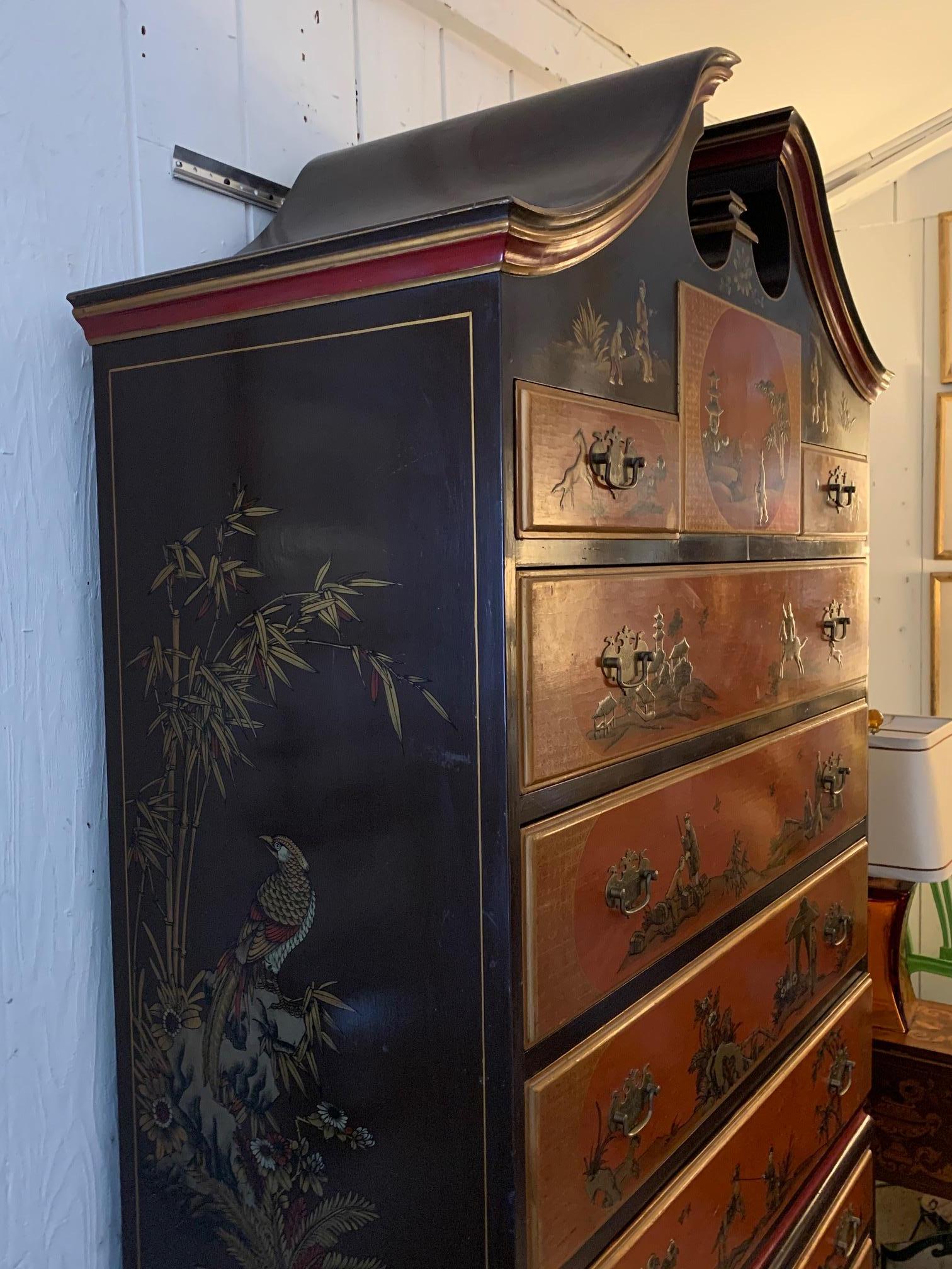  Vintage Hermes Orange & Brown Chinoiserie Highboy Chest of Drawers In Good Condition For Sale In Hopewell, NJ