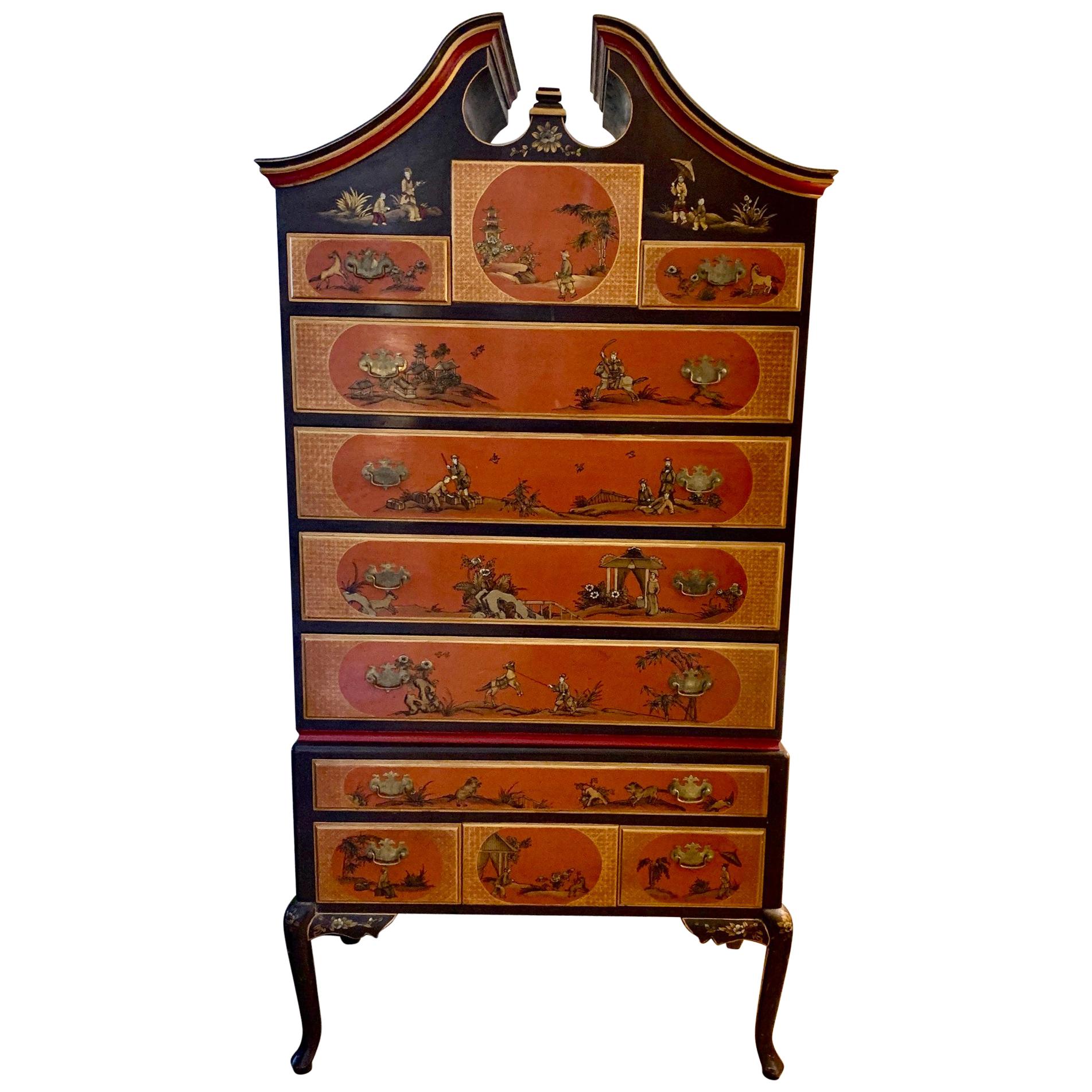  Vintage Hermes Orange & Brown Chinoiserie Highboy Chest of Drawers For Sale