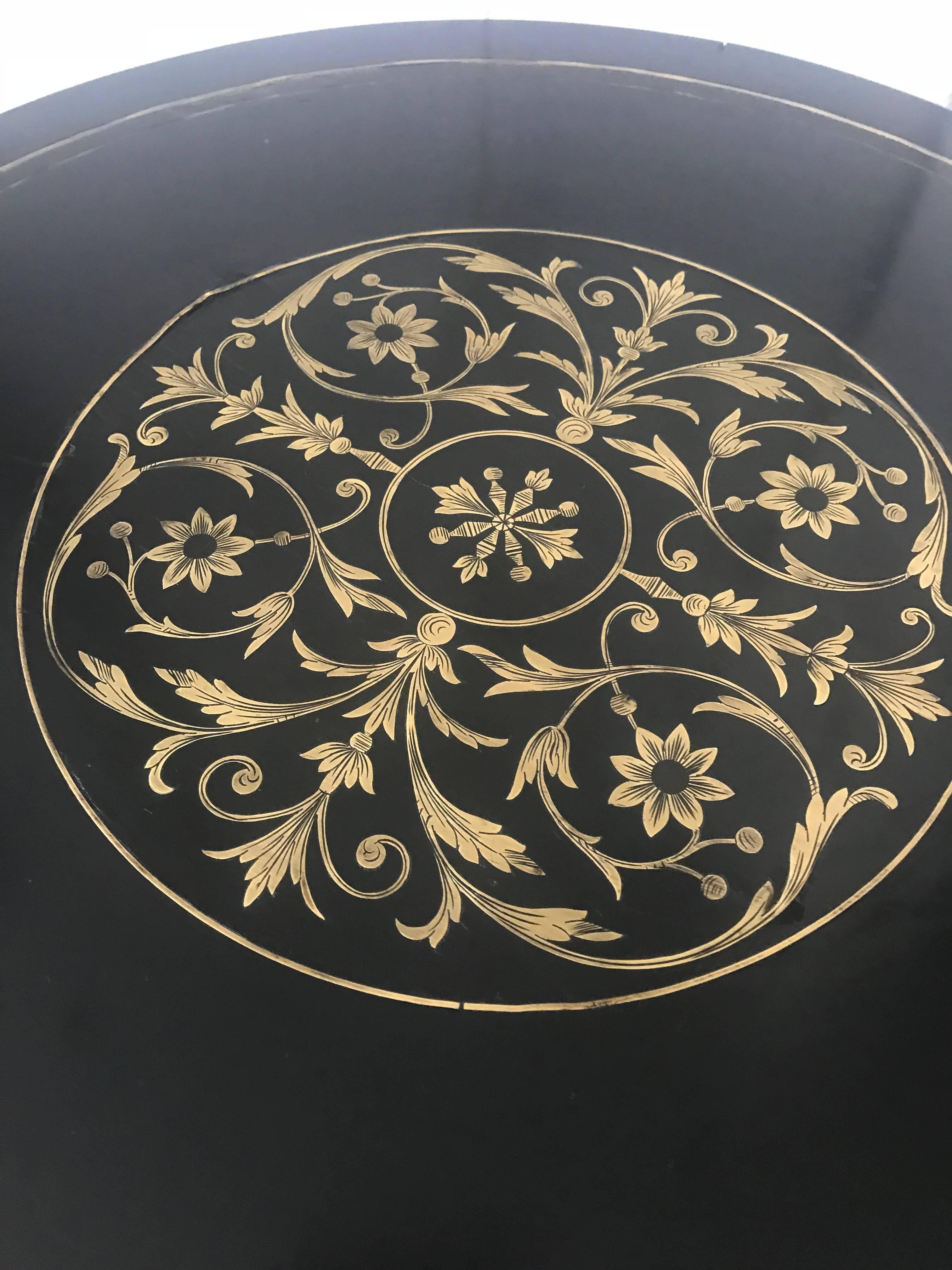 French Awesome Antique, Ebonized and Brass Marquetry Inlay Table, Gueridon w. Dolphins