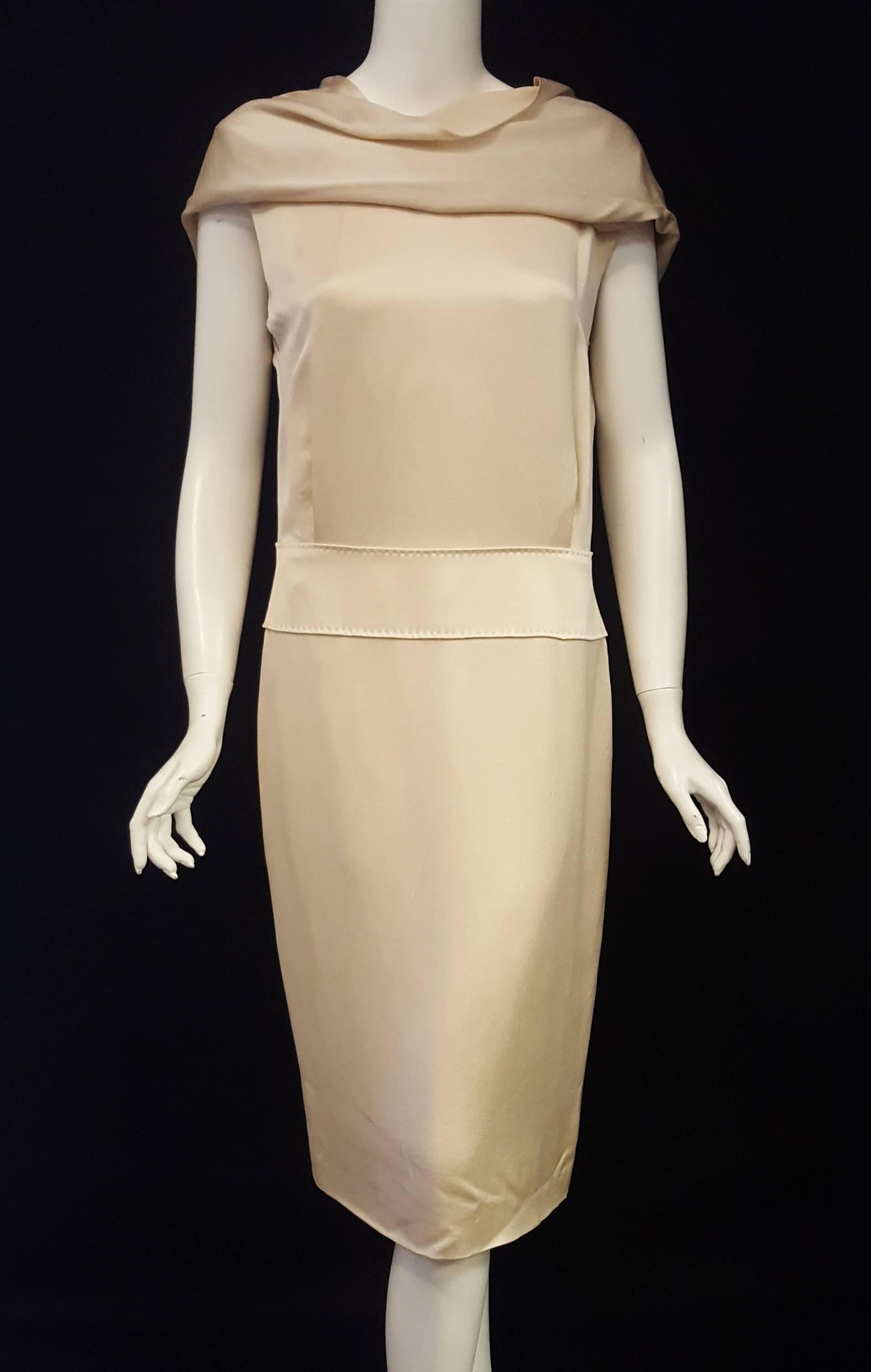 Women's Awesome Alexander McQueen Cowl Neck Beige Hammered Silk Sleeveless Dress  For Sale
