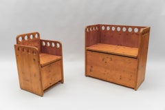 Awesome and Rare Scandinavian Pine Wood Childs Set - Chair and Bench, 1960s