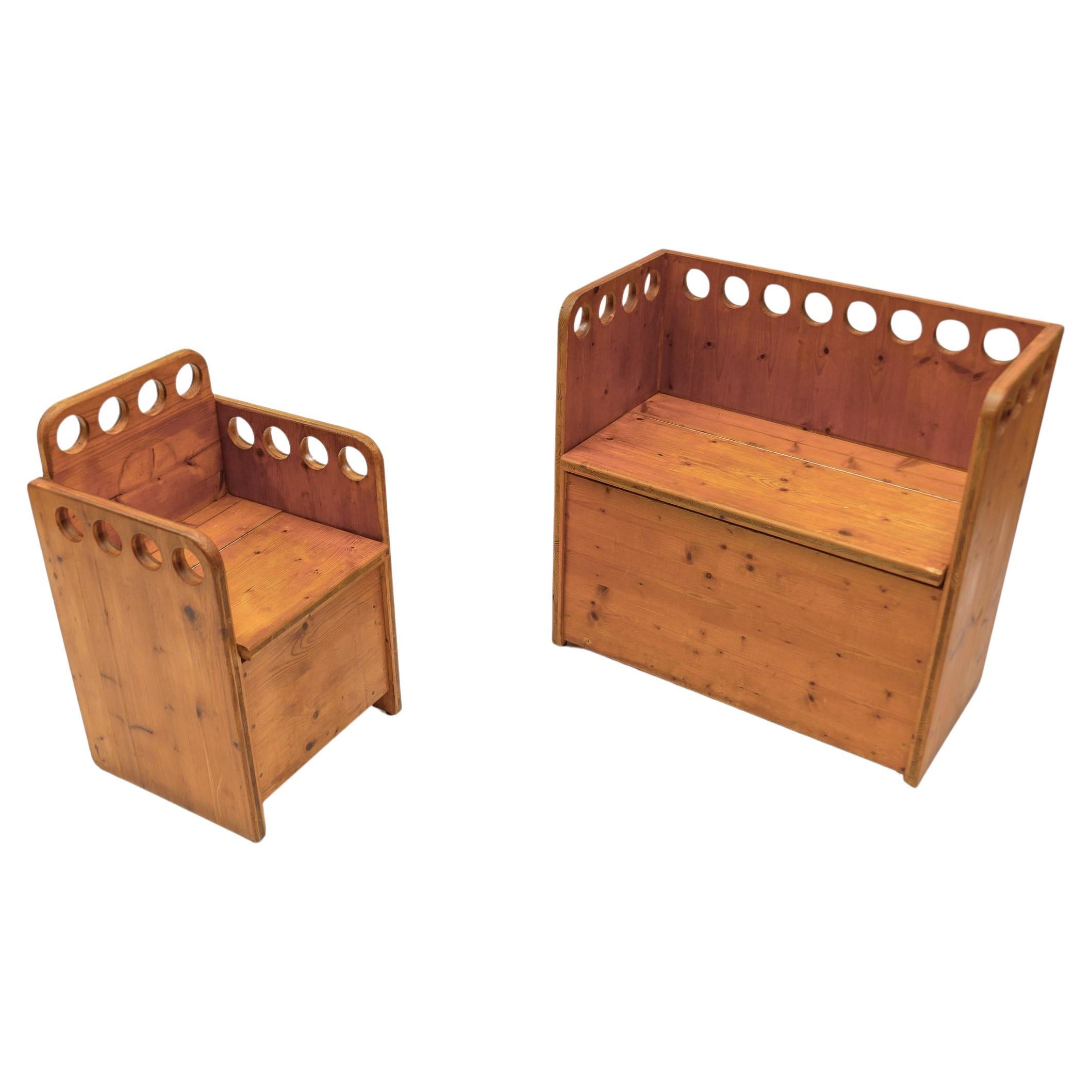 Awesome and Rare Scandinavian Pine Wood Childs Set - Chair and Bench, 1960s For Sale