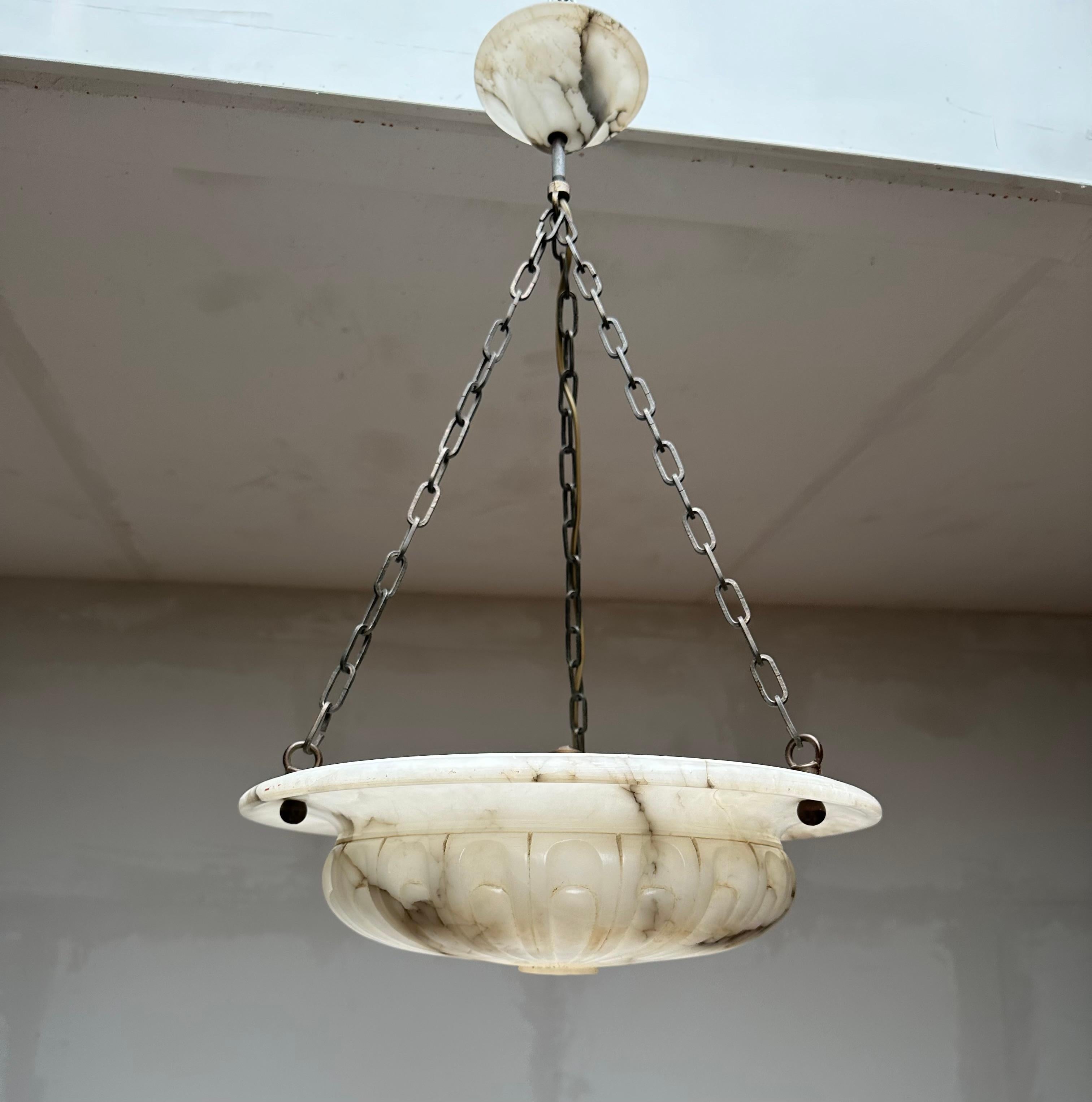 Awesome Antique Hand Carved Alabaster White & Black Shade Pendant Light, 1910 For Sale 4