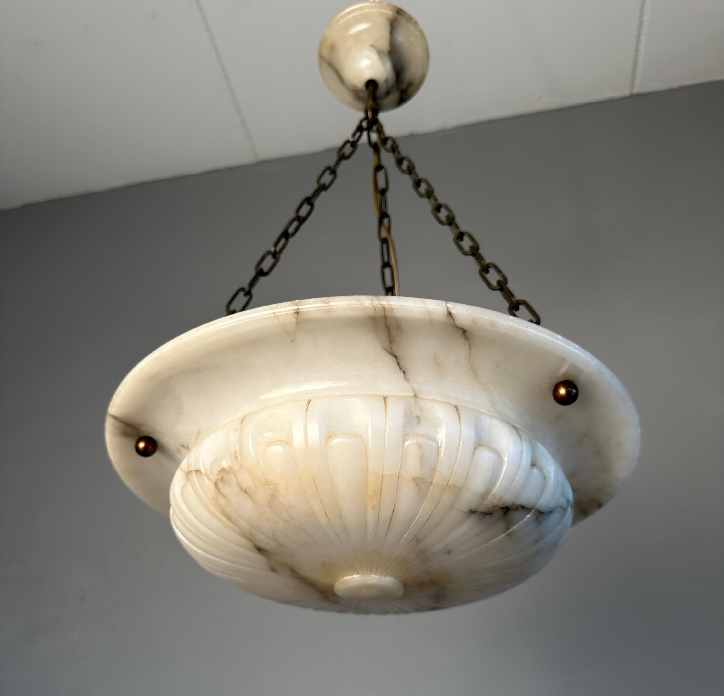 Awesome Antique Hand Carved Alabaster White & Black Shade Pendant Light, 1910 For Sale 5