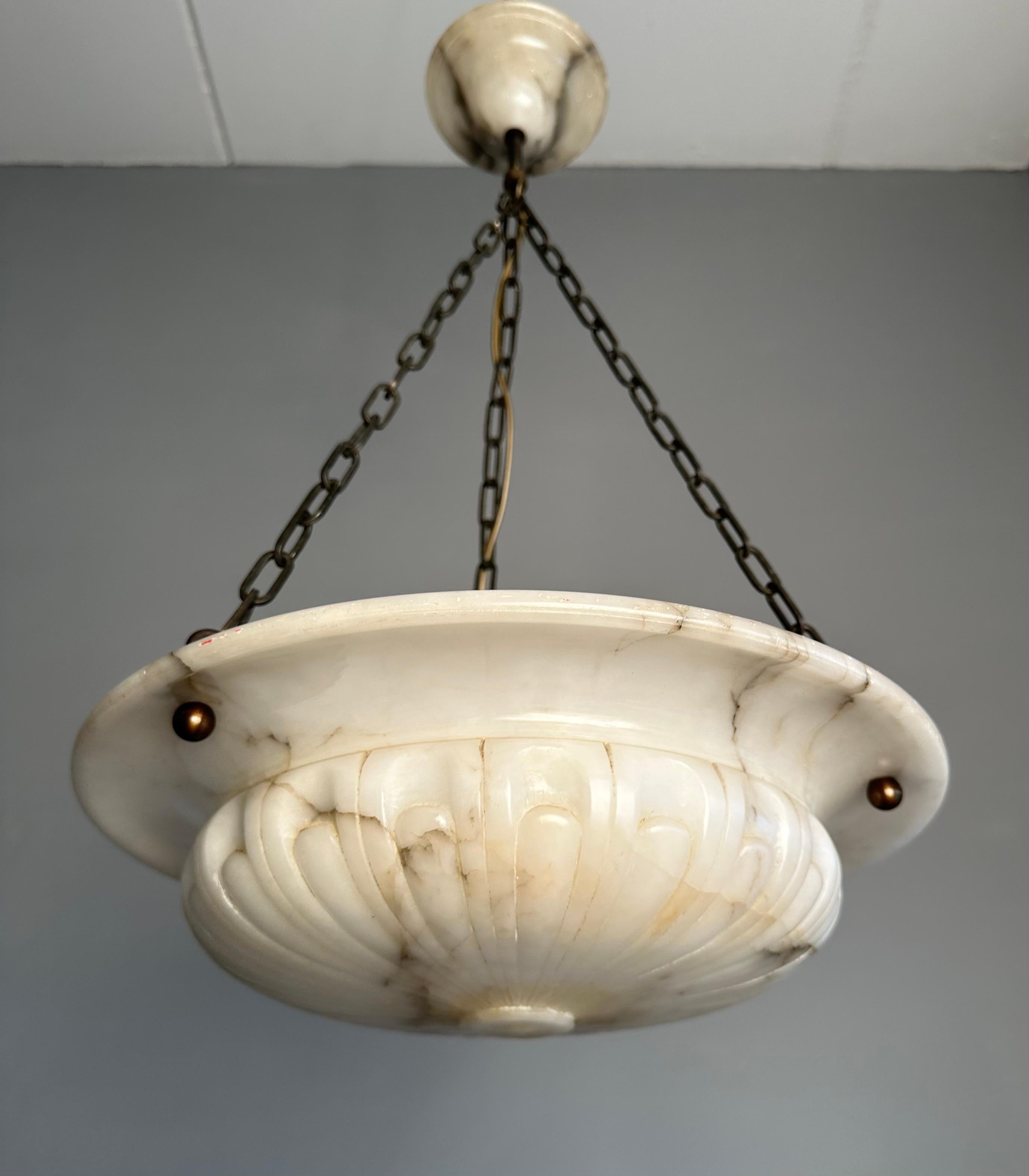 Awesome Antique Hand Carved Alabaster White & Black Shade Pendant Light, 1910 For Sale 10