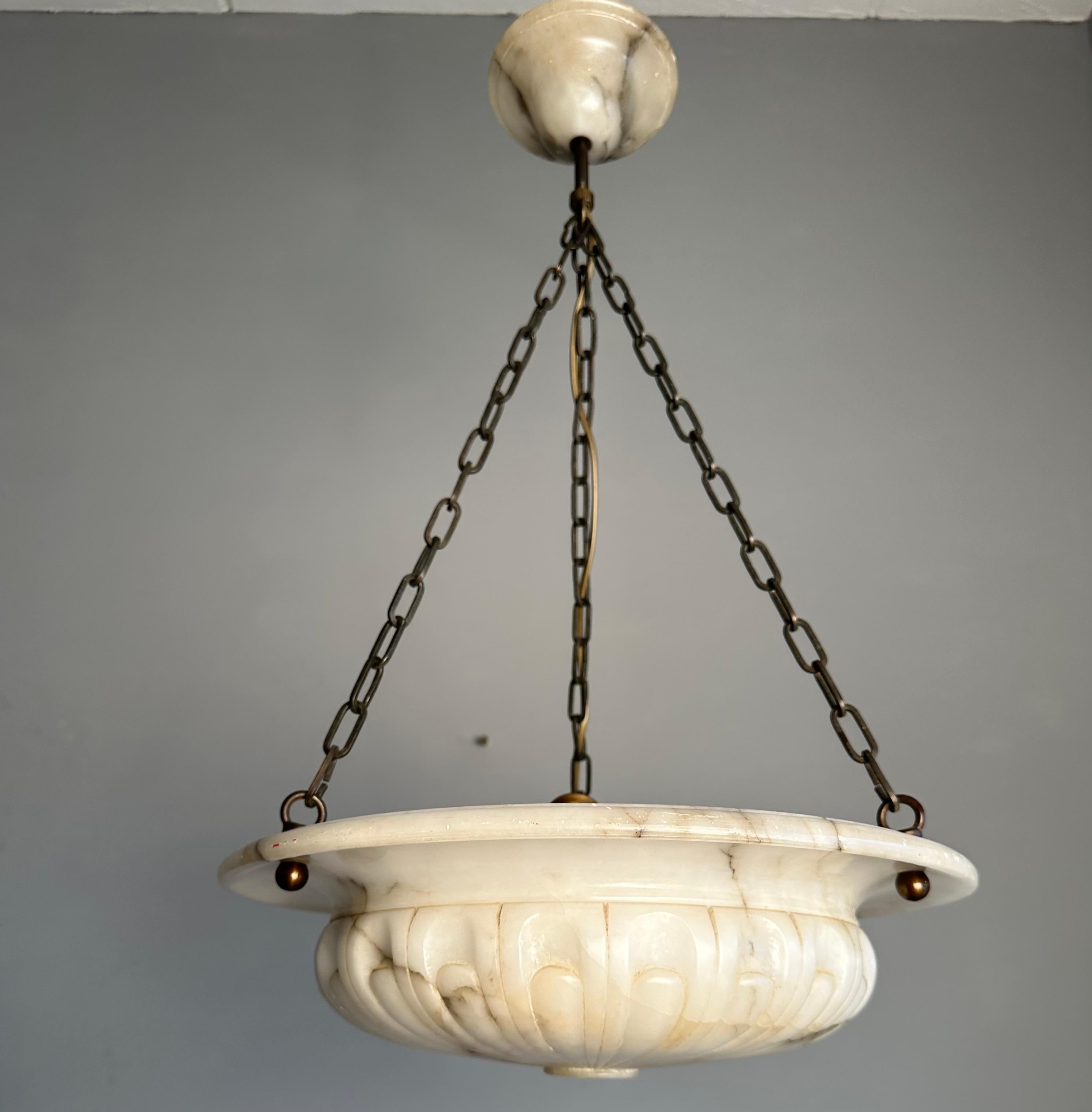 Awesome Antique Hand Carved Alabaster White & Black Shade Pendant Light, 1910 For Sale 11