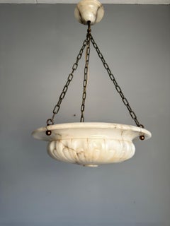 Awesome antike handgeschnitzte Alabaster-Pendelleuchte mit weißem und schwarzem Schirm, 1910