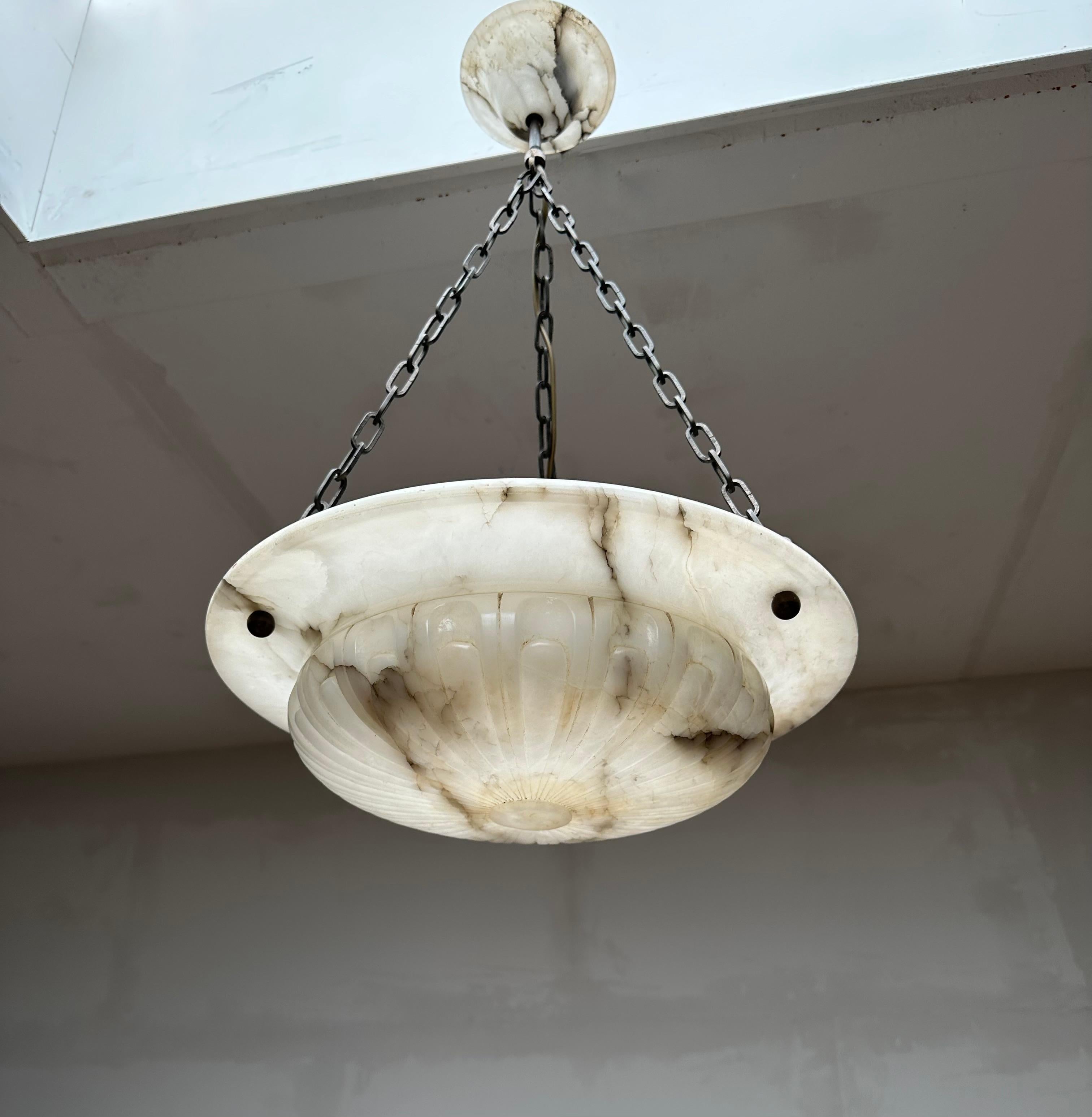 Awesome Antique Hand Carved Alabaster White & Black Shade Pendant Light, 1910 For Sale 12