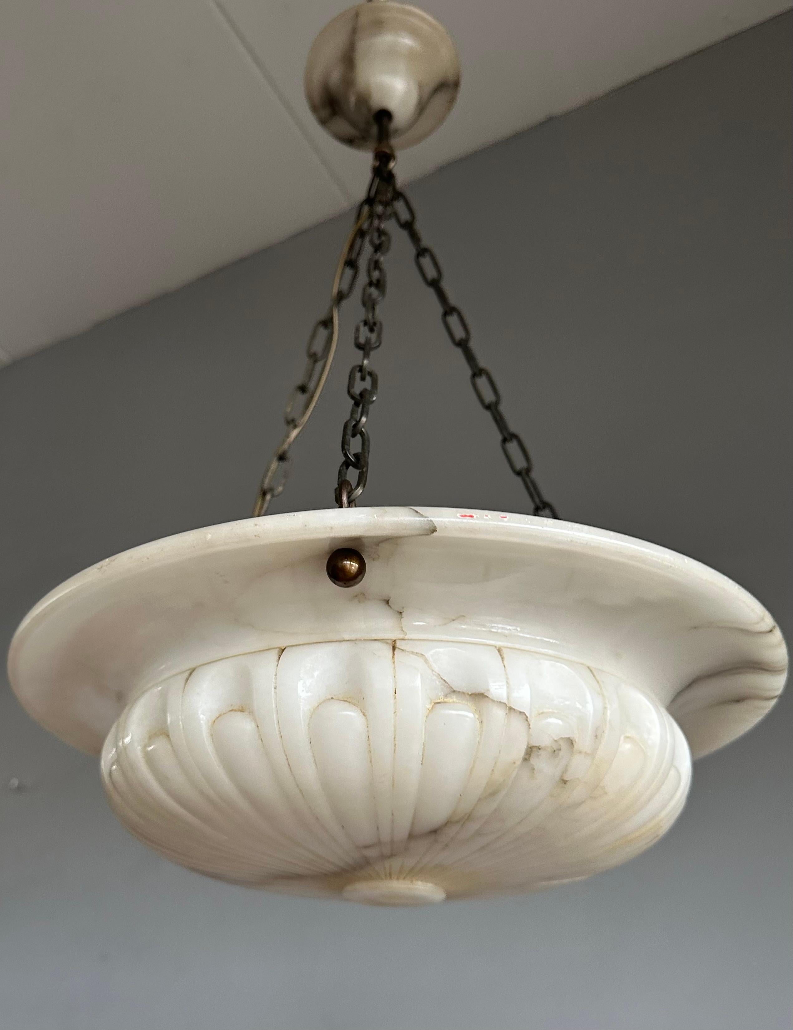 Neoclassical Revival Awesome Antique Hand Carved Alabaster White & Black Shade Pendant Light, 1910 For Sale