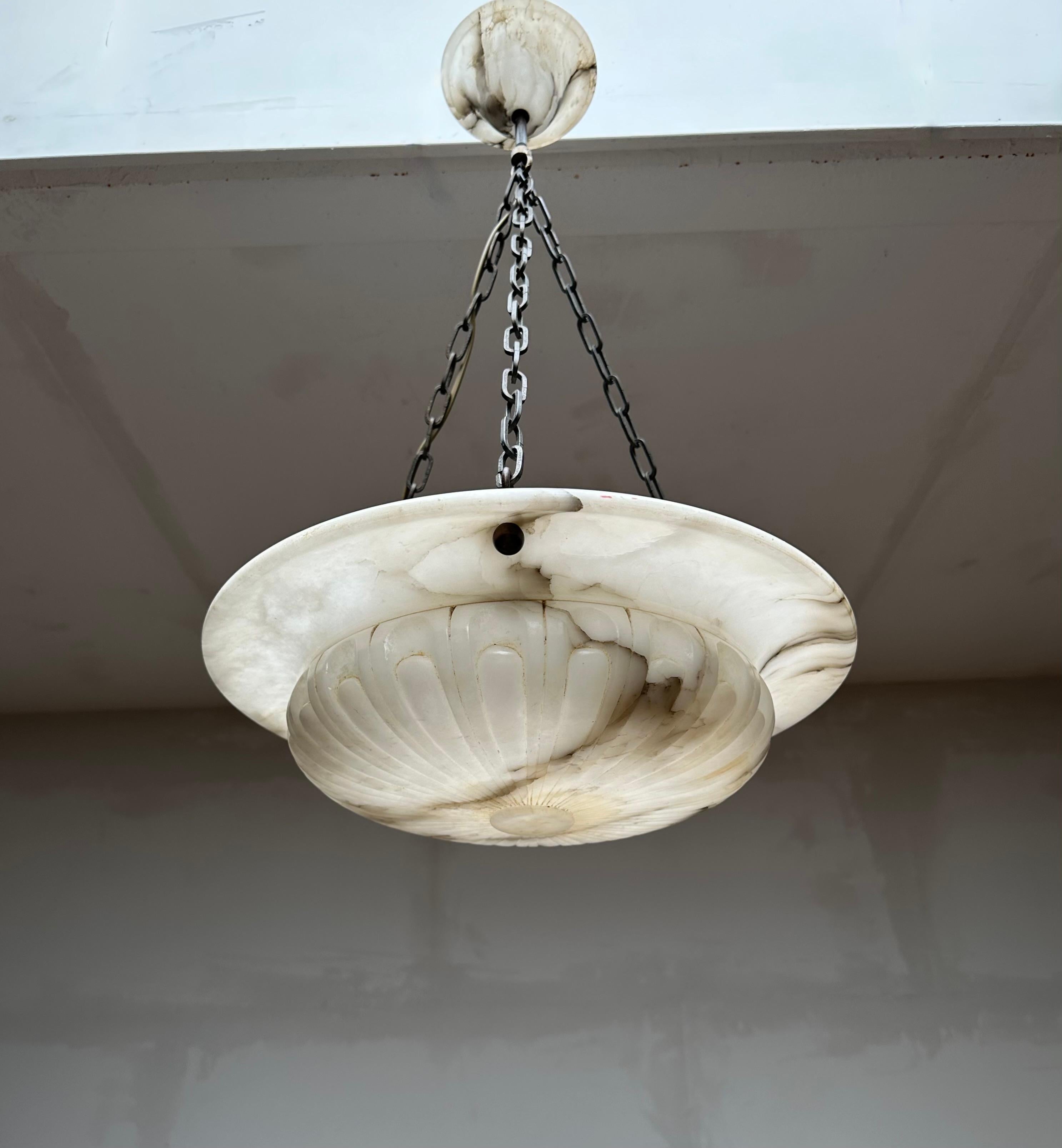 European Awesome Antique Hand Carved Alabaster White & Black Shade Pendant Light, 1910 For Sale