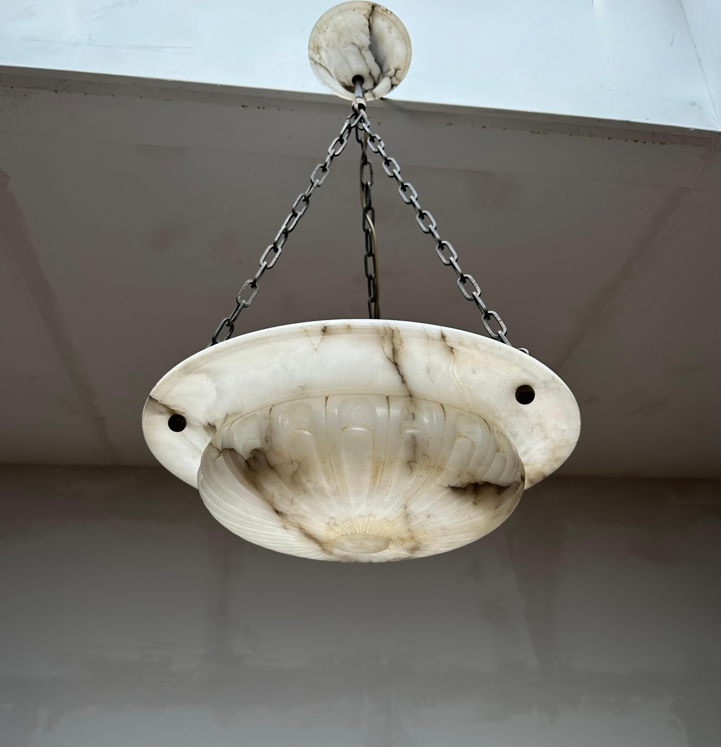 Awesome Antique Hand Carved Alabaster White & Black Shade Pendant Light, 1910 In Good Condition For Sale In Lisse, NL