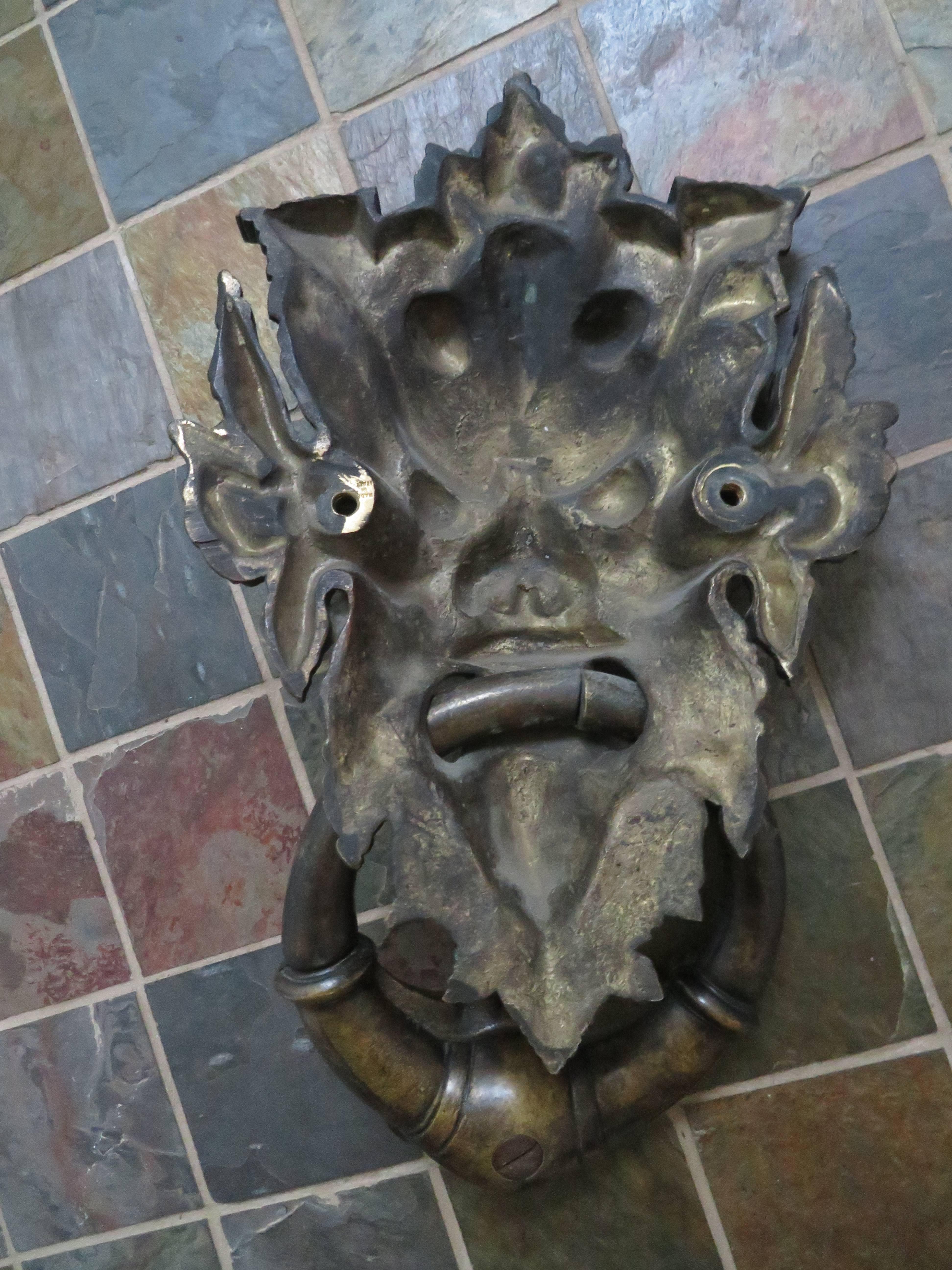Awesome Antique Italian Bronze Vecchio Greenman Door Knocker For Sale 1