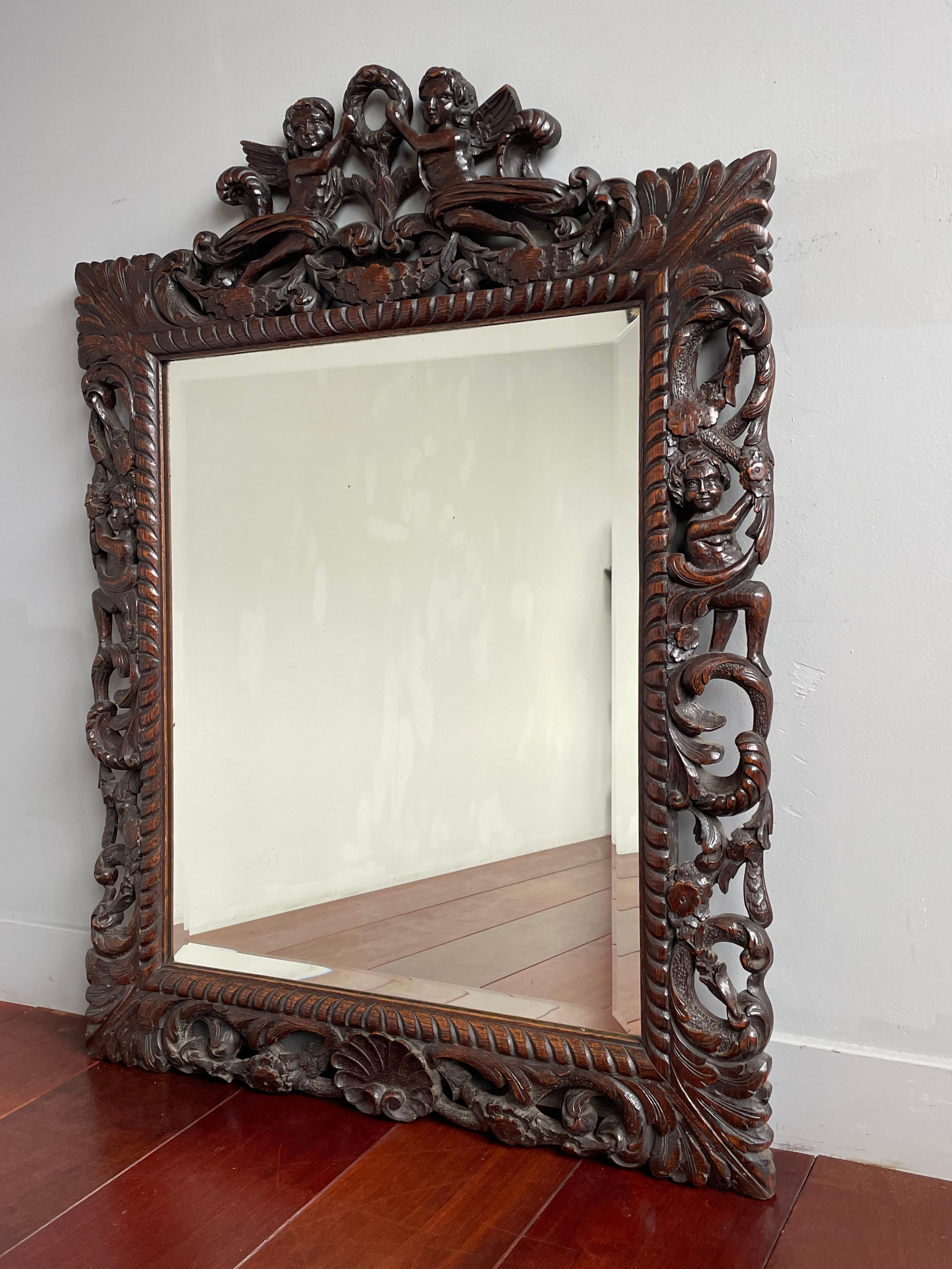 Awesome Antique Renaissance Revival Carved Oak Wall Mirror w. Angel Sculptures For Sale 12