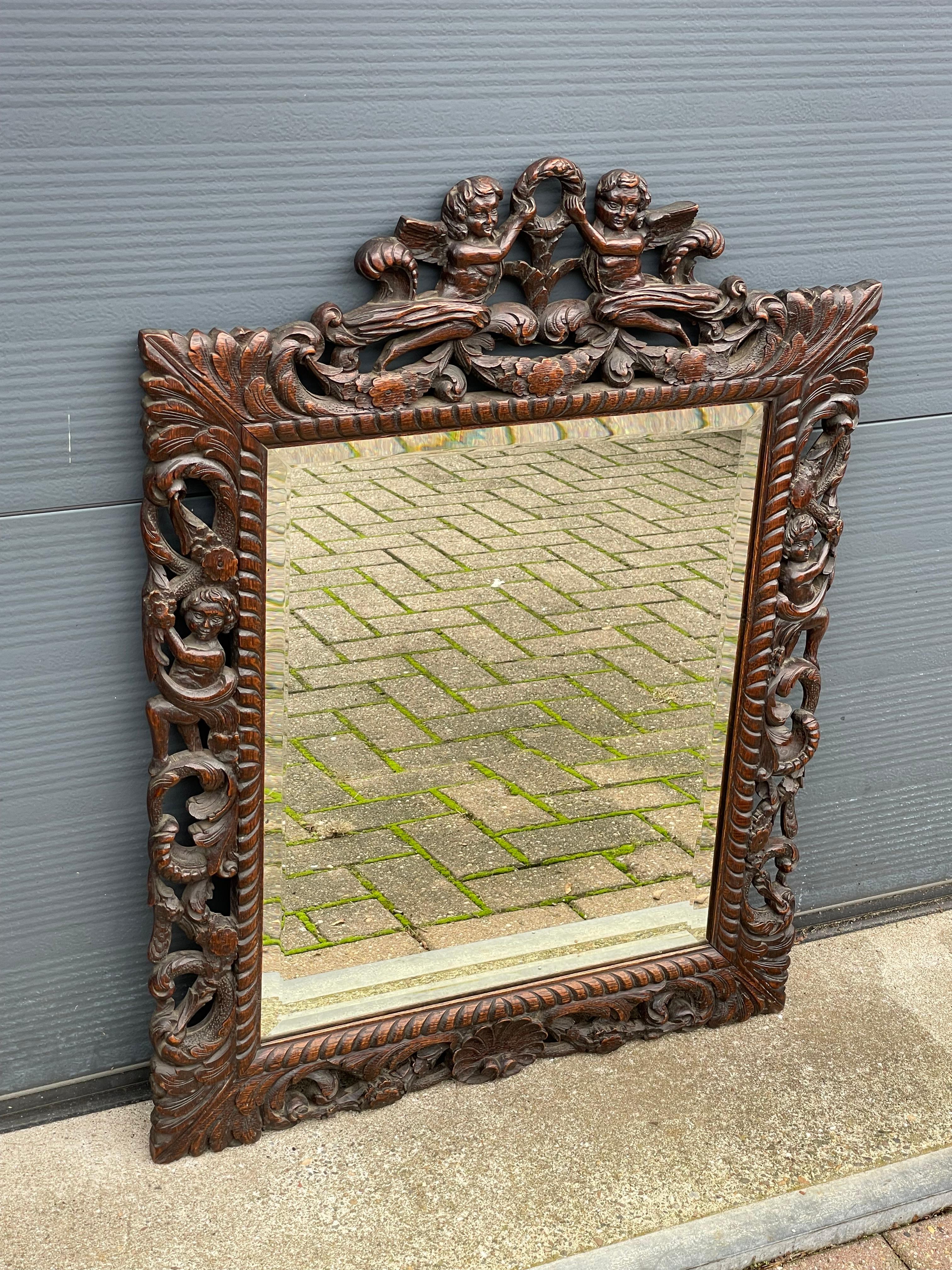 Awesome Antique Renaissance Revival Carved Oak Wall Mirror w. Angel Sculptures For Sale 13