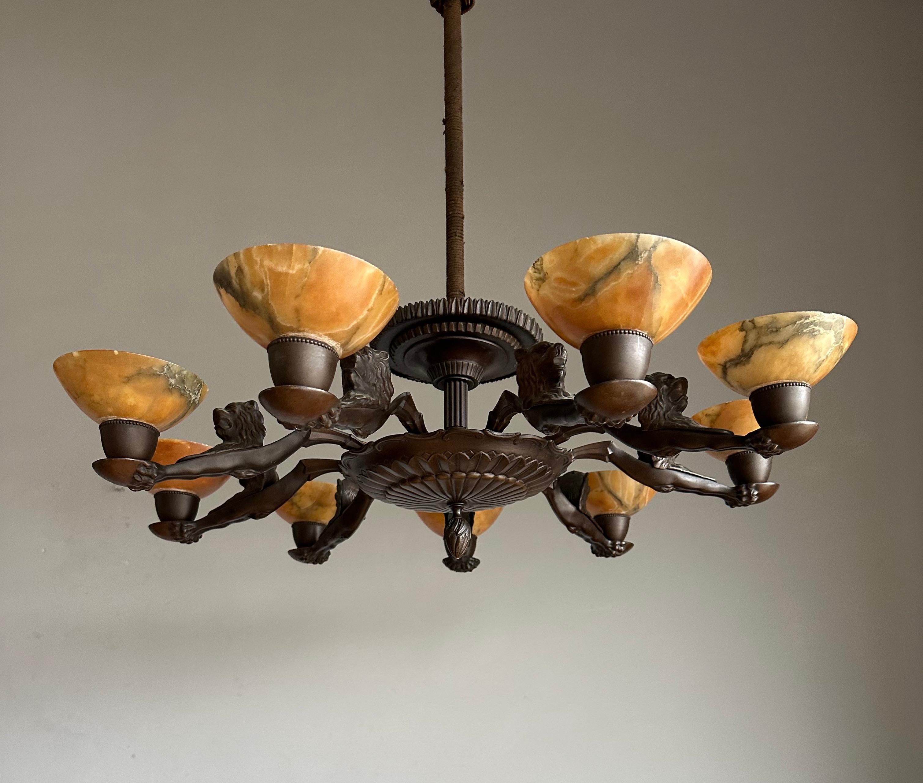 Awesome Art Deco Alabaster Shades & Bronze Chandelier w. Stylish Lion Sculptures For Sale 10