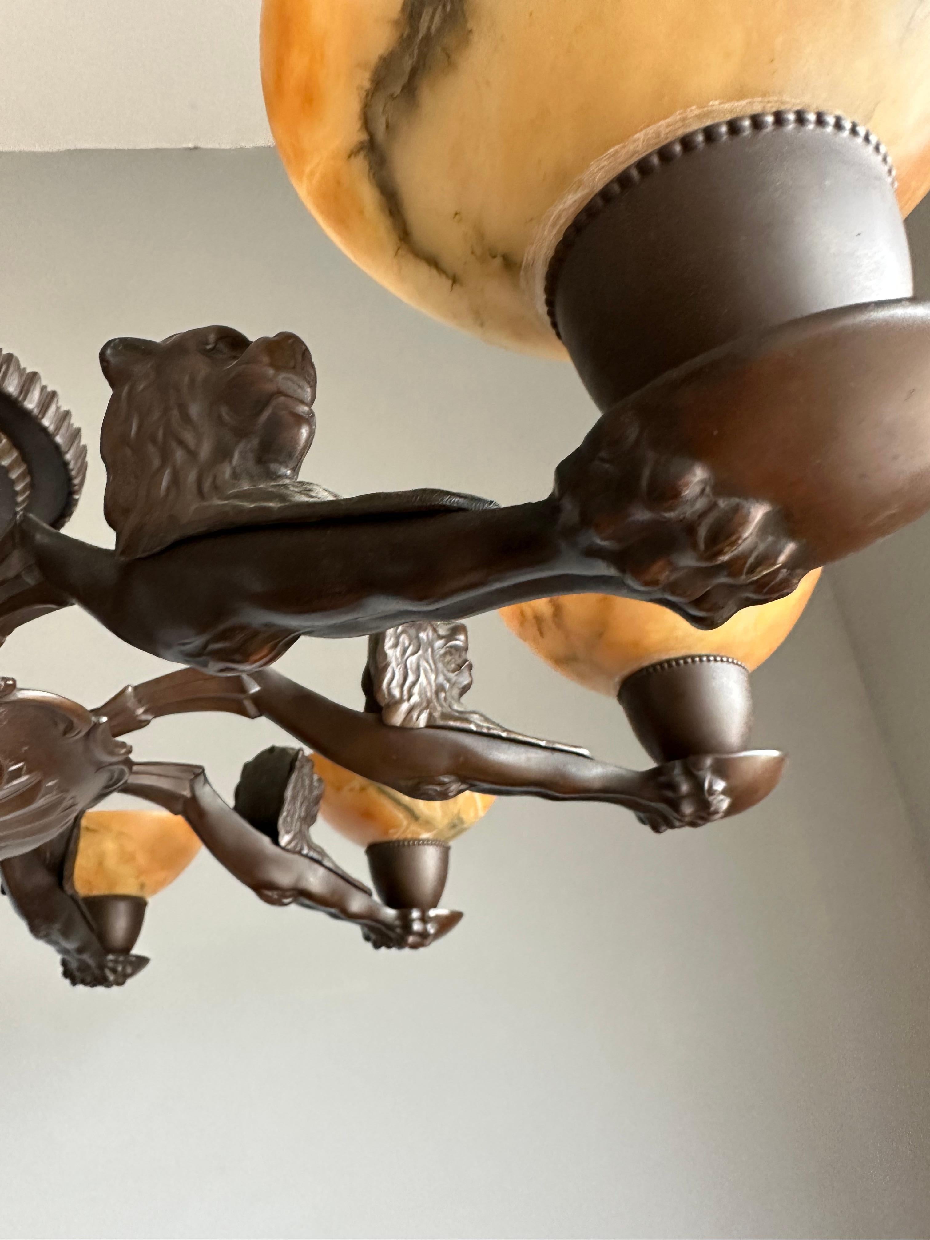 Awesome Art Deco Alabaster Shades & Bronze Chandelier w. Stylish Lion Sculptures For Sale 12
