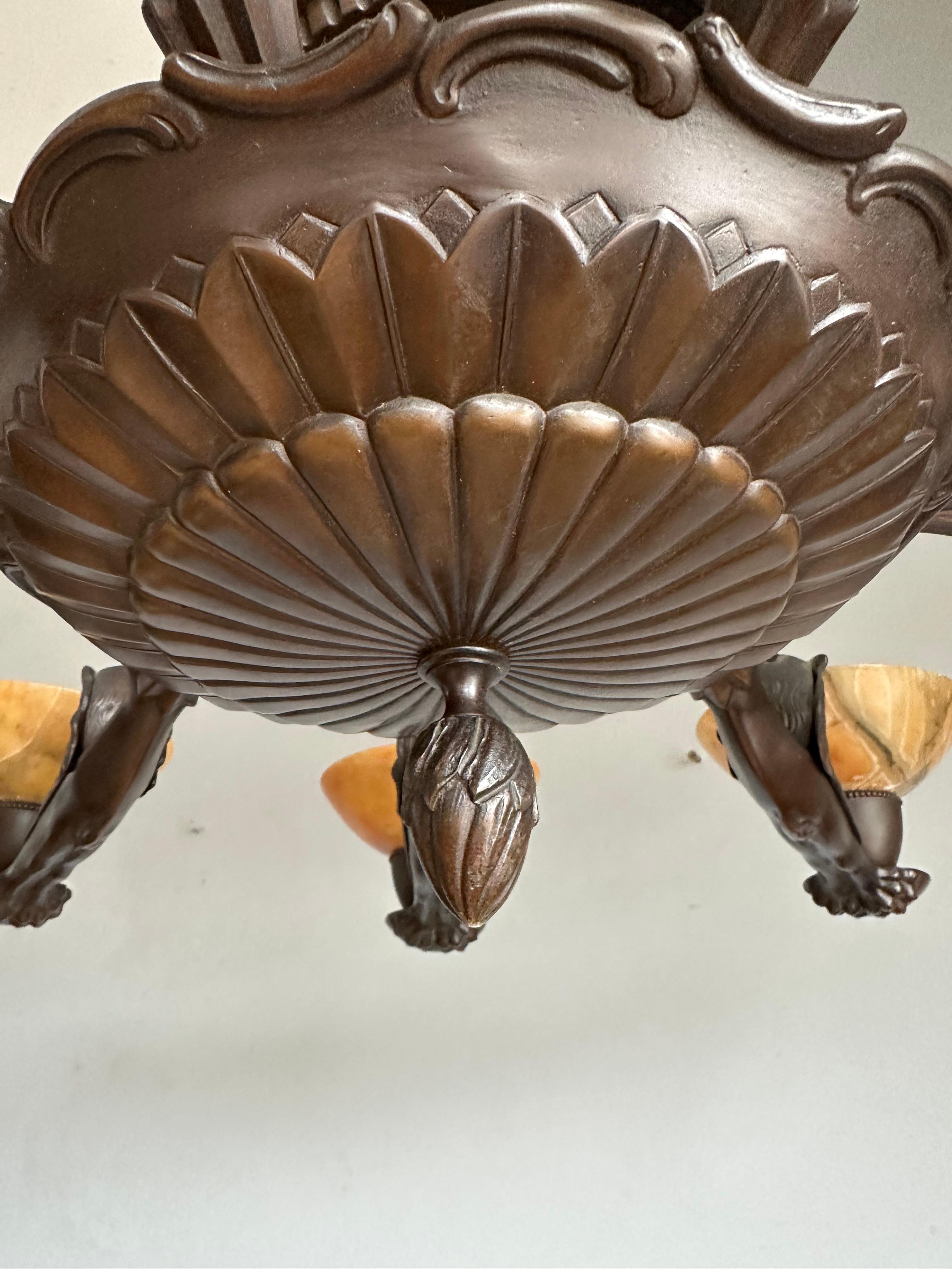 Awesome Art Deco Alabaster Shades & Bronze Chandelier w. Stylish Lion Sculptures For Sale 13