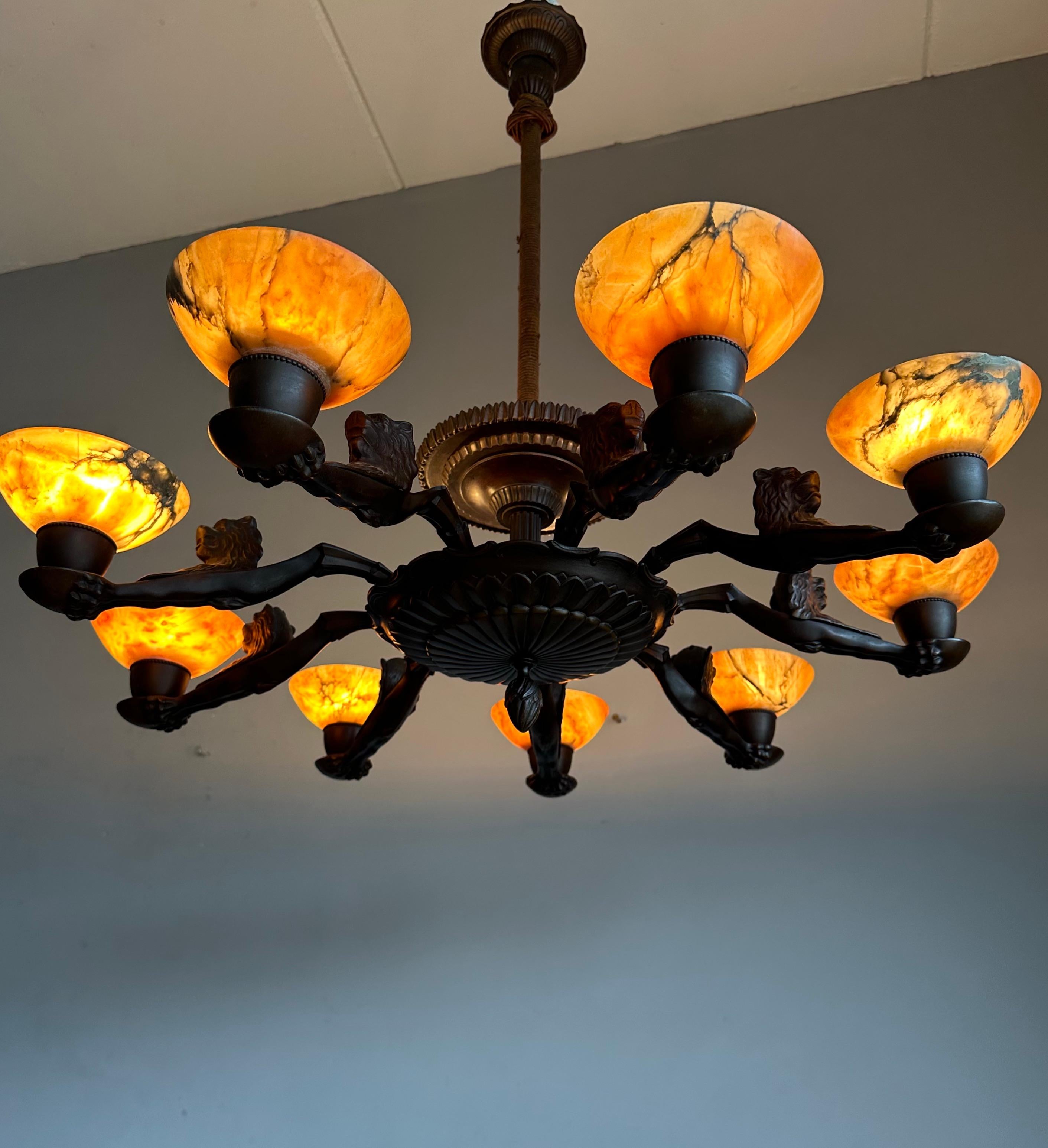Cast Awesome Art Deco Alabaster Shades & Bronze Chandelier w. Stylish Lion Sculptures For Sale