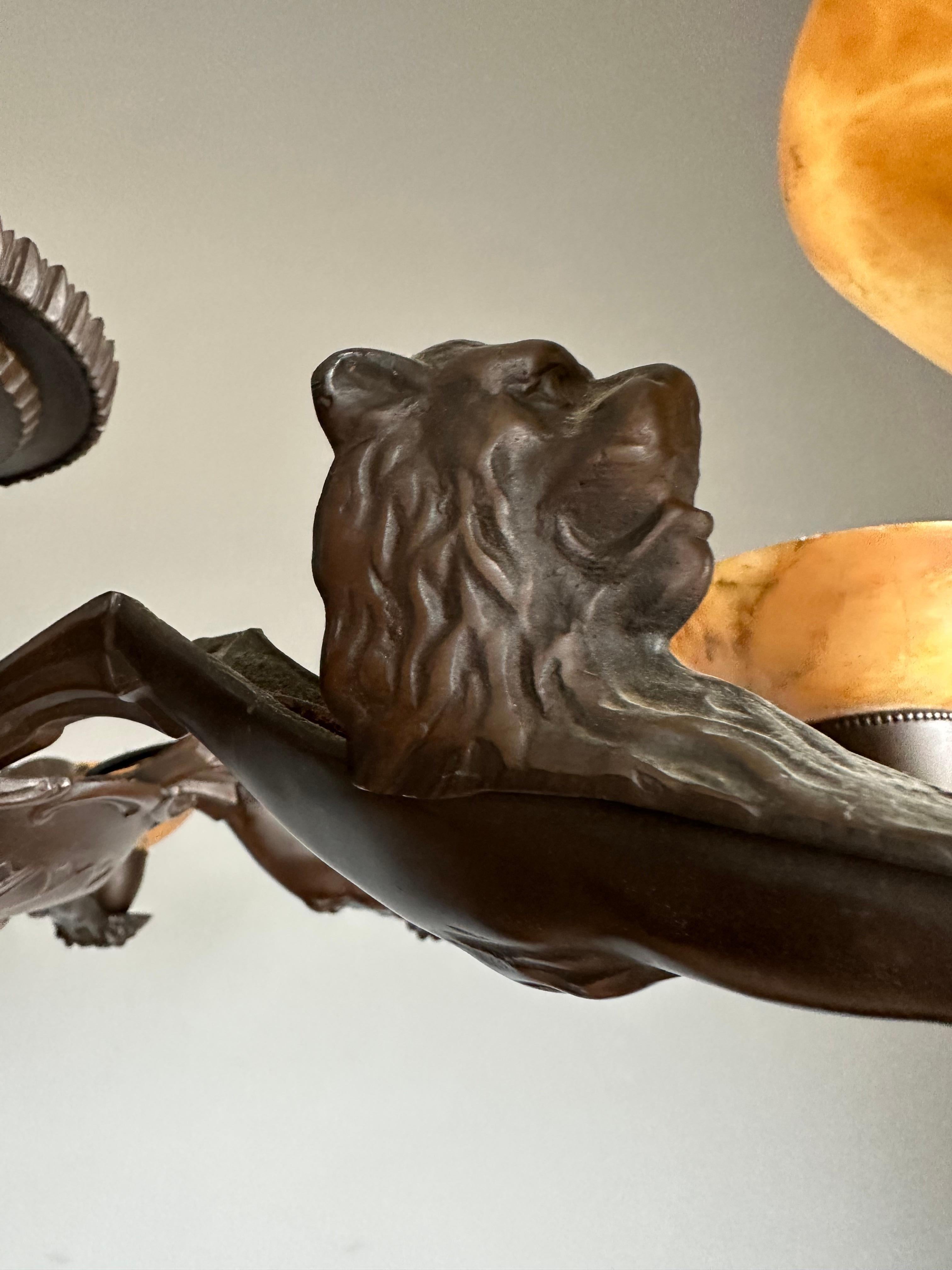 Brass Awesome Art Deco Alabaster Shades & Bronze Chandelier w. Stylish Lion Sculptures For Sale