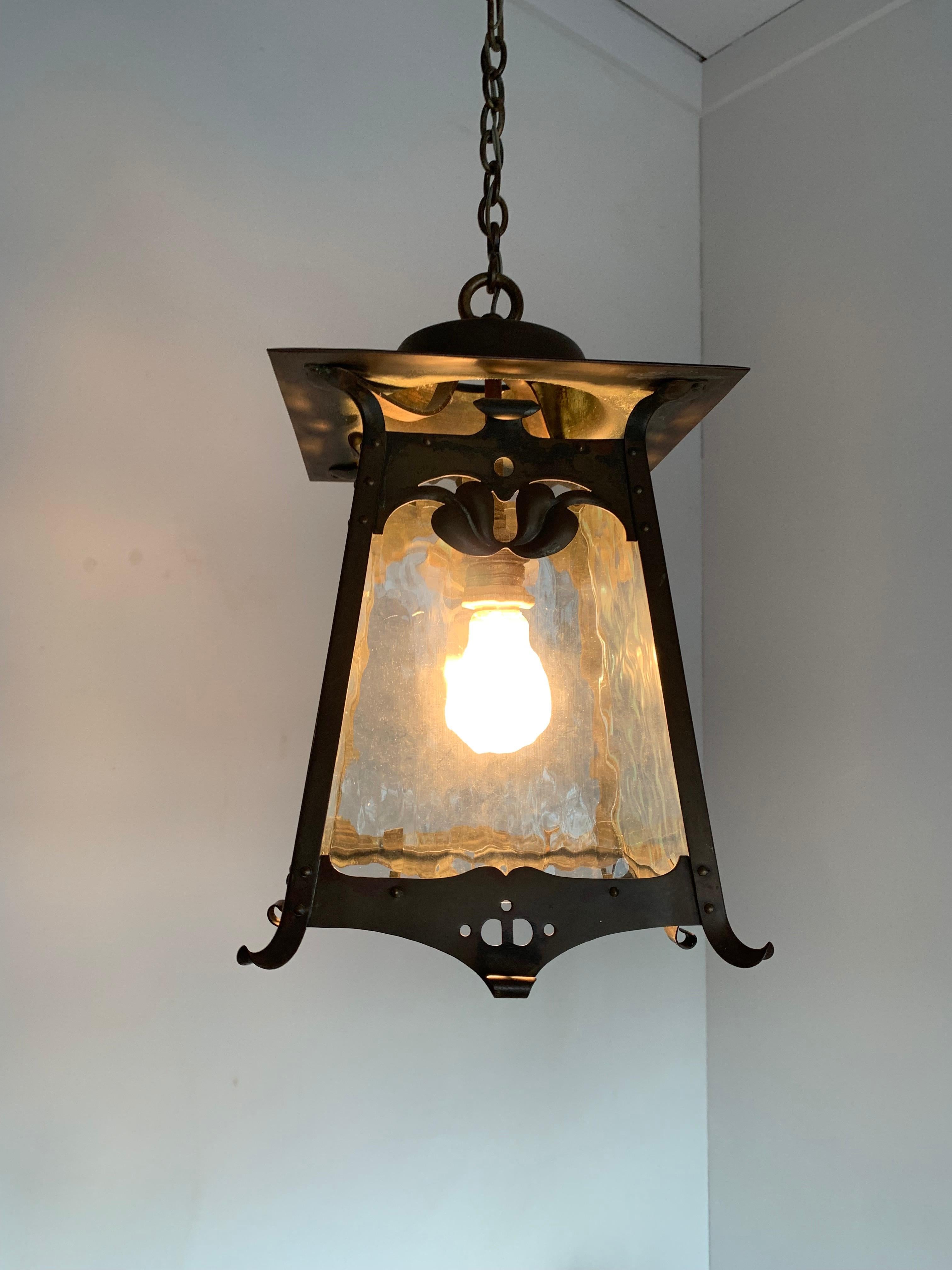 Rare Arts & Crafts Patinated Copper & Cathedral Glass Pendant Light / Lantern 9